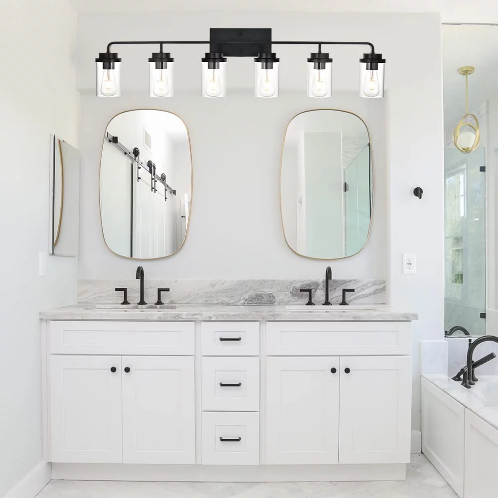 LIANMEI 6 Light Wall Vanity Light Clear Glass Wall Sconce Industrial Black Bathroom Light Fixture Over Mirror Modern Bath Lighting Indoor Farmhouse Sconces Wall Mount Lamp for Kitchen Workshop