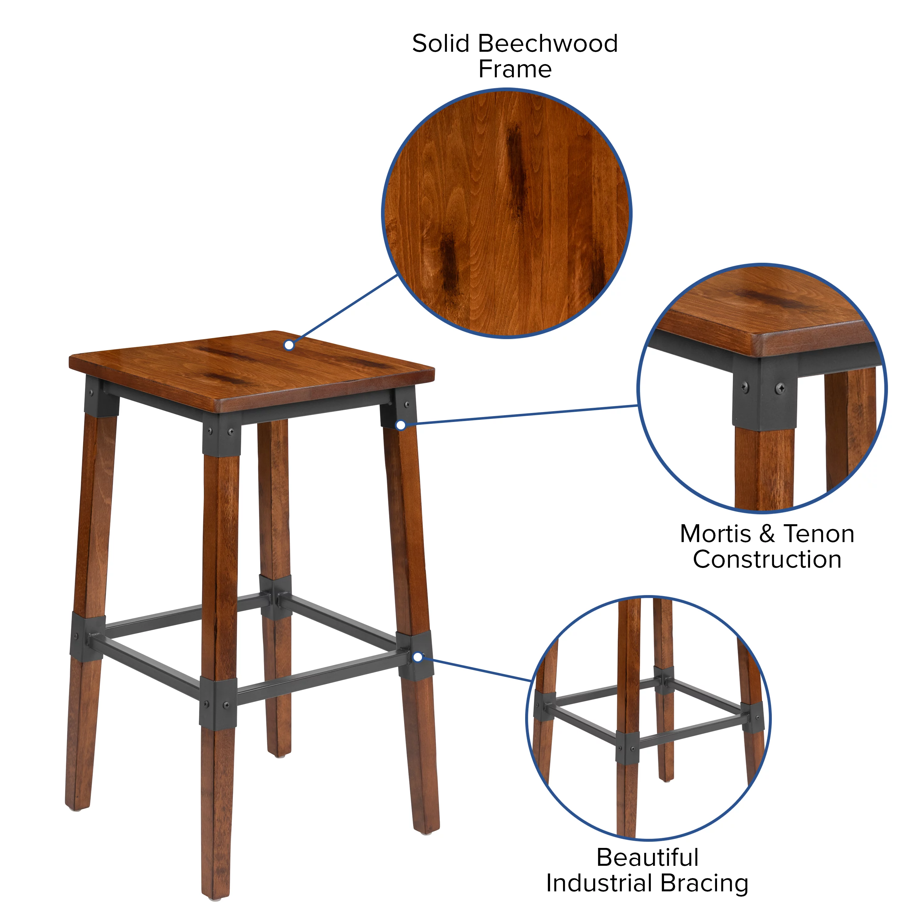 Flash Furniture Jackson 2 Pack Rustic Antique Walnut Industrial Wood Dining Backless Barstool
