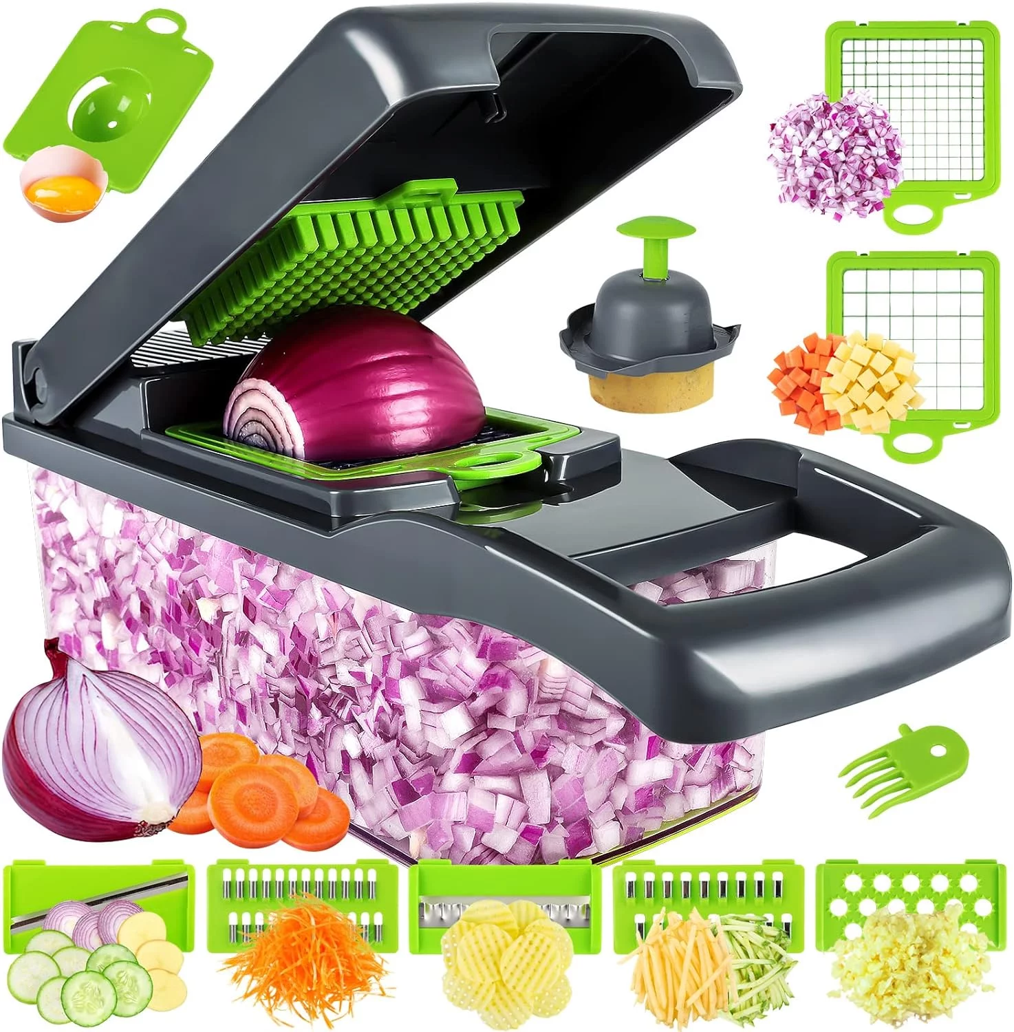 Vegetable Chopper, Multifunctional 13-in-1 Food Choppers Onion Chopper Vegetable Slicer Cutter Dicer Veggie chopper with 8 Blades,Colander Basket,Container for Salad Potato Carrot Garlic
