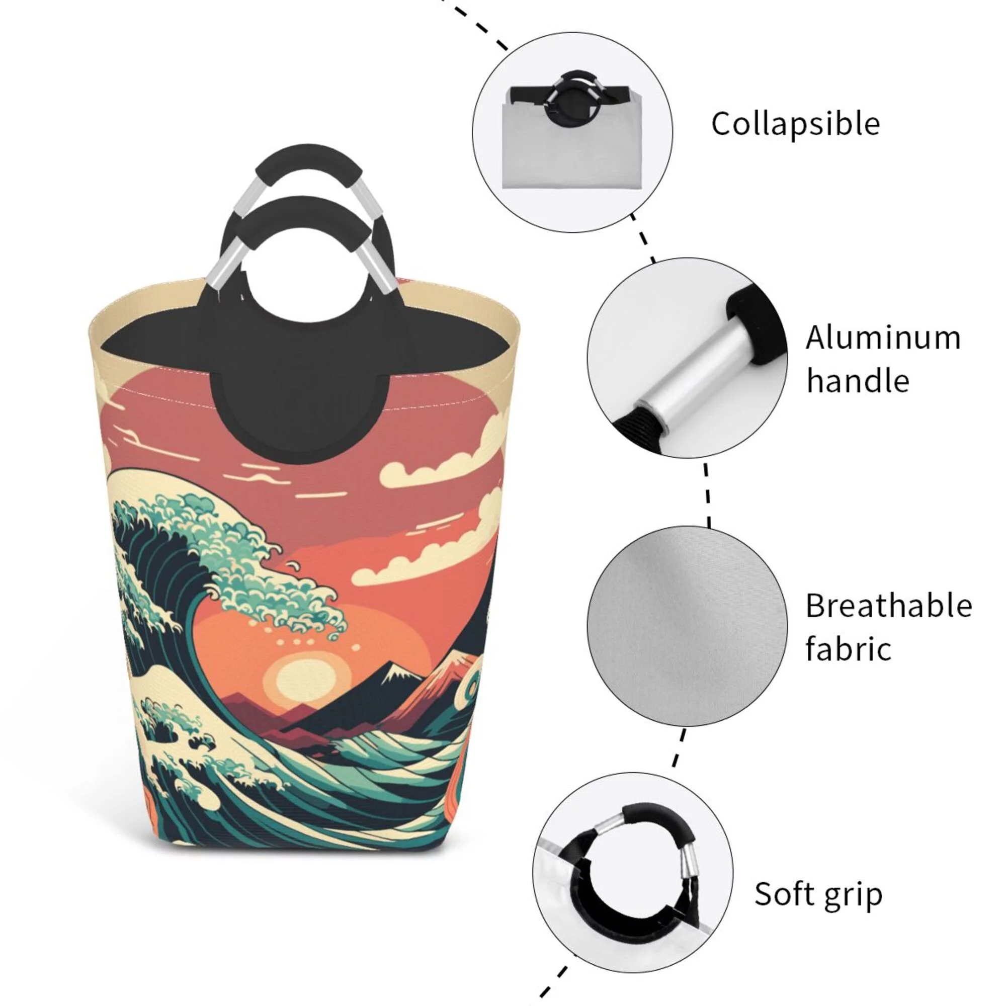 TEQUAN 50L Large Rectangular Laundry Hamper with Aluminum Handles, Japanese Style Big Ocean Waves Prints Waterproof Foldable Dirty Clothes Basket