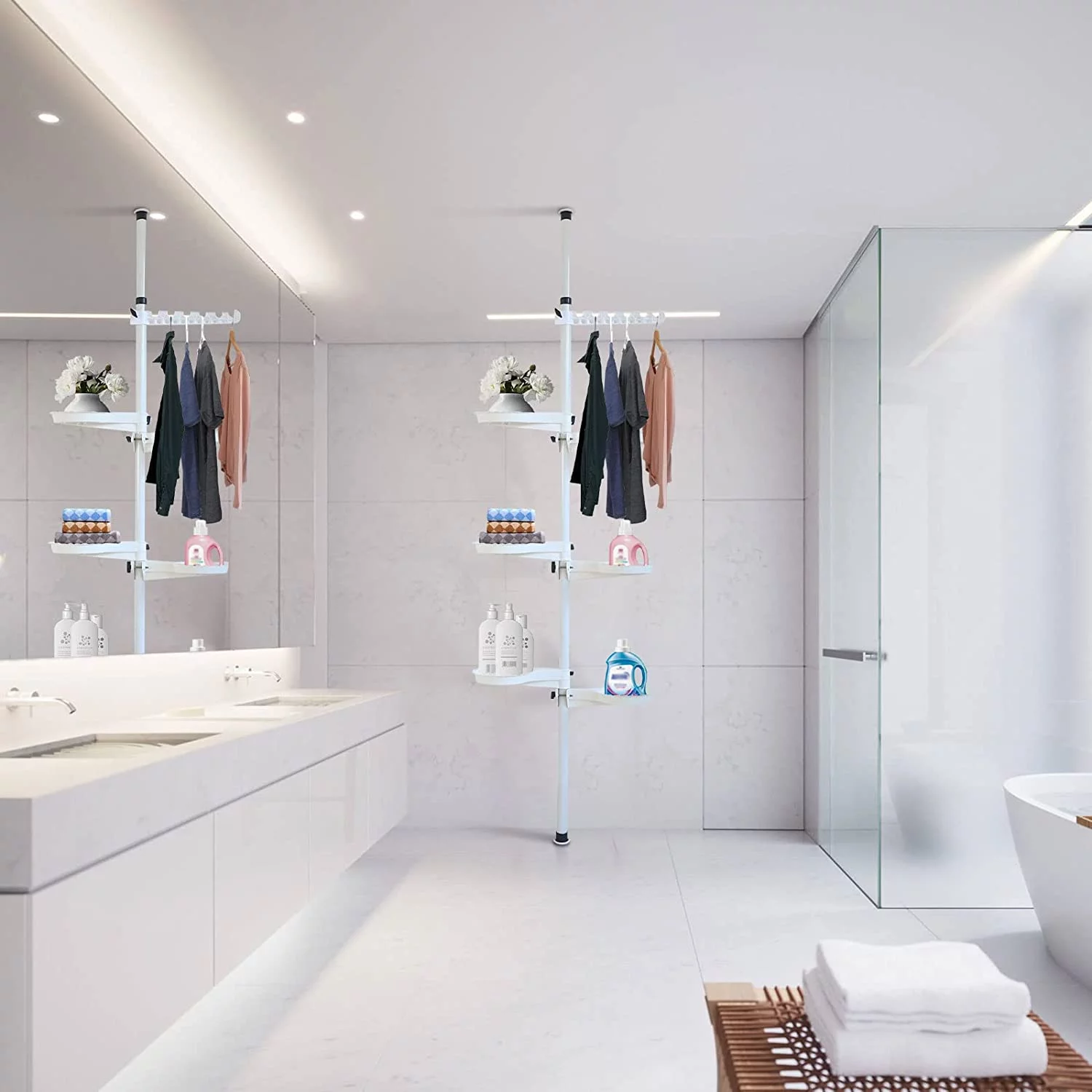 Plant Stand 7 Tier Tension Rod Plant Holder Height Adjustable Plant Shelf Plant Rack Space Saving White Pole Beige Plant Holders Indoor Plant Pole Stand for Bathroom Bedroom Balcony Kitchen