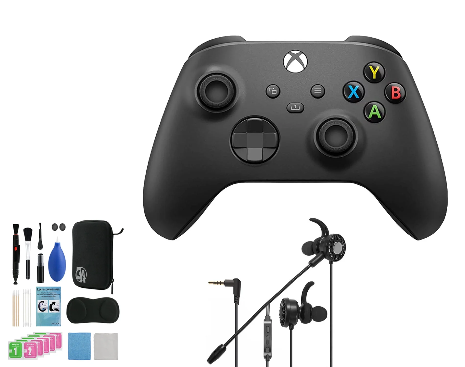 Microsoft Xbox Wireless Carbon Black Controller for Xbox Console + Wired Earbuds With Cleaning Kit BOLT AXTION Bundle Used