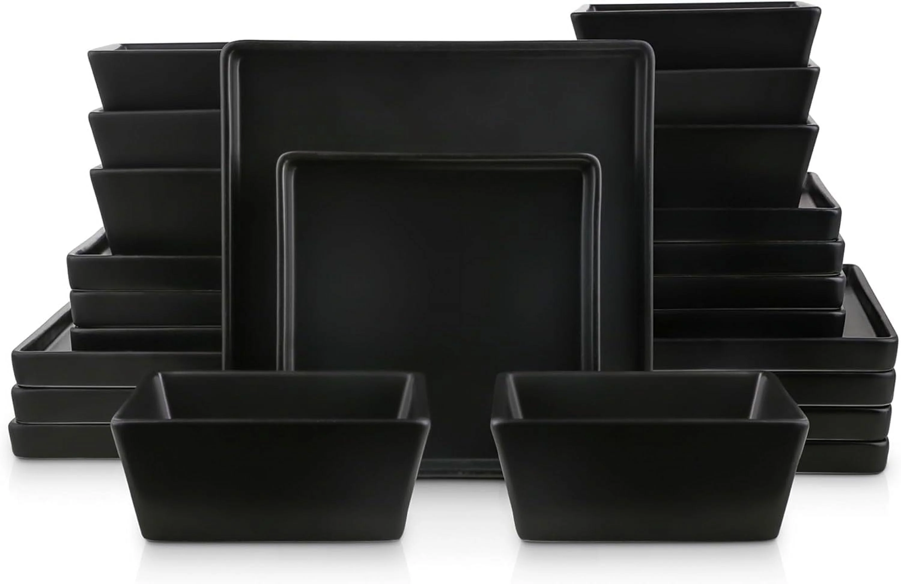 MINGFENG 24 Pieces Stoneware Square Dinnerware Set, Black Matte