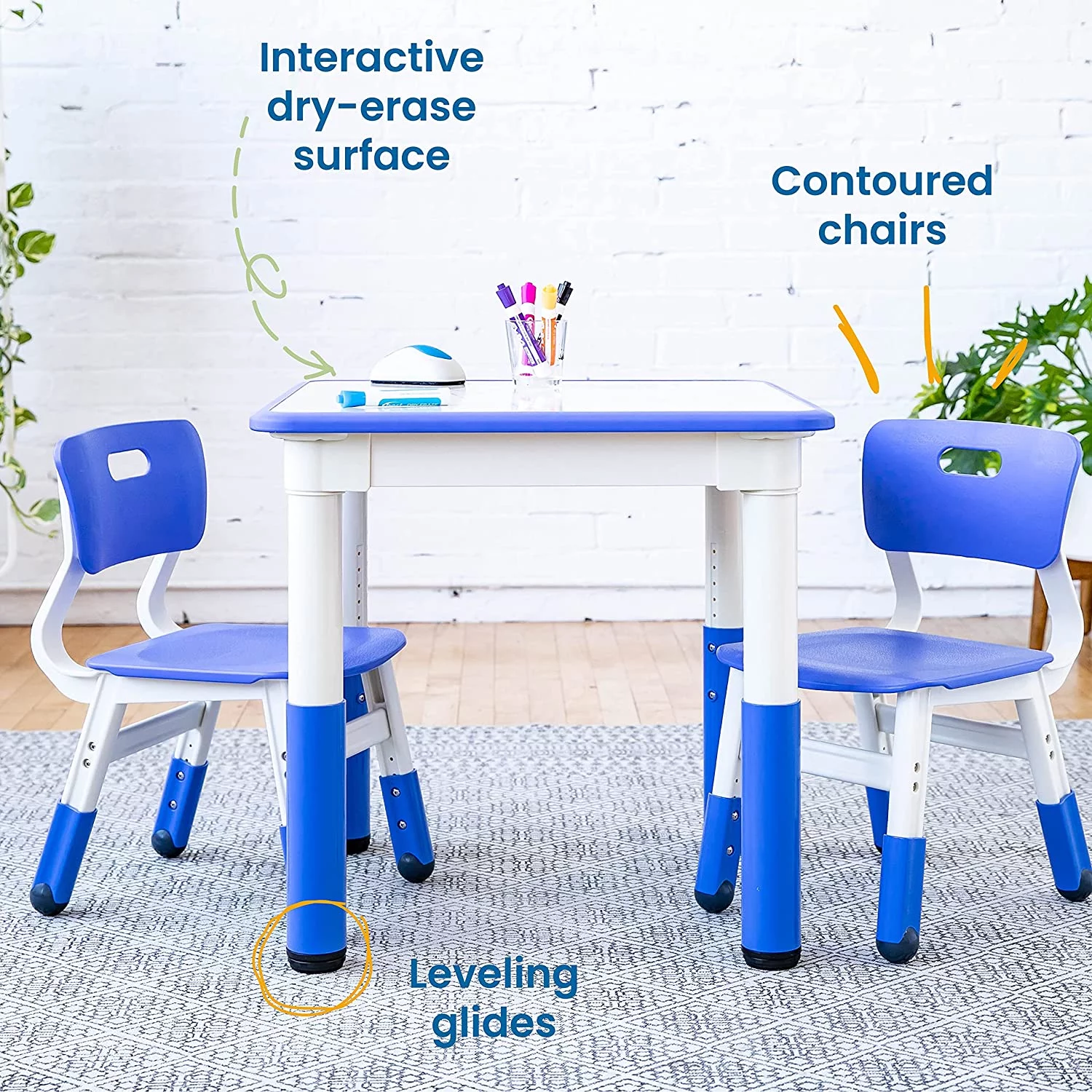 OUWI Dry-Erase Square Activity Table with 2 Chairs, Adjustable, Kids Furniture, Blue, 3-Piece