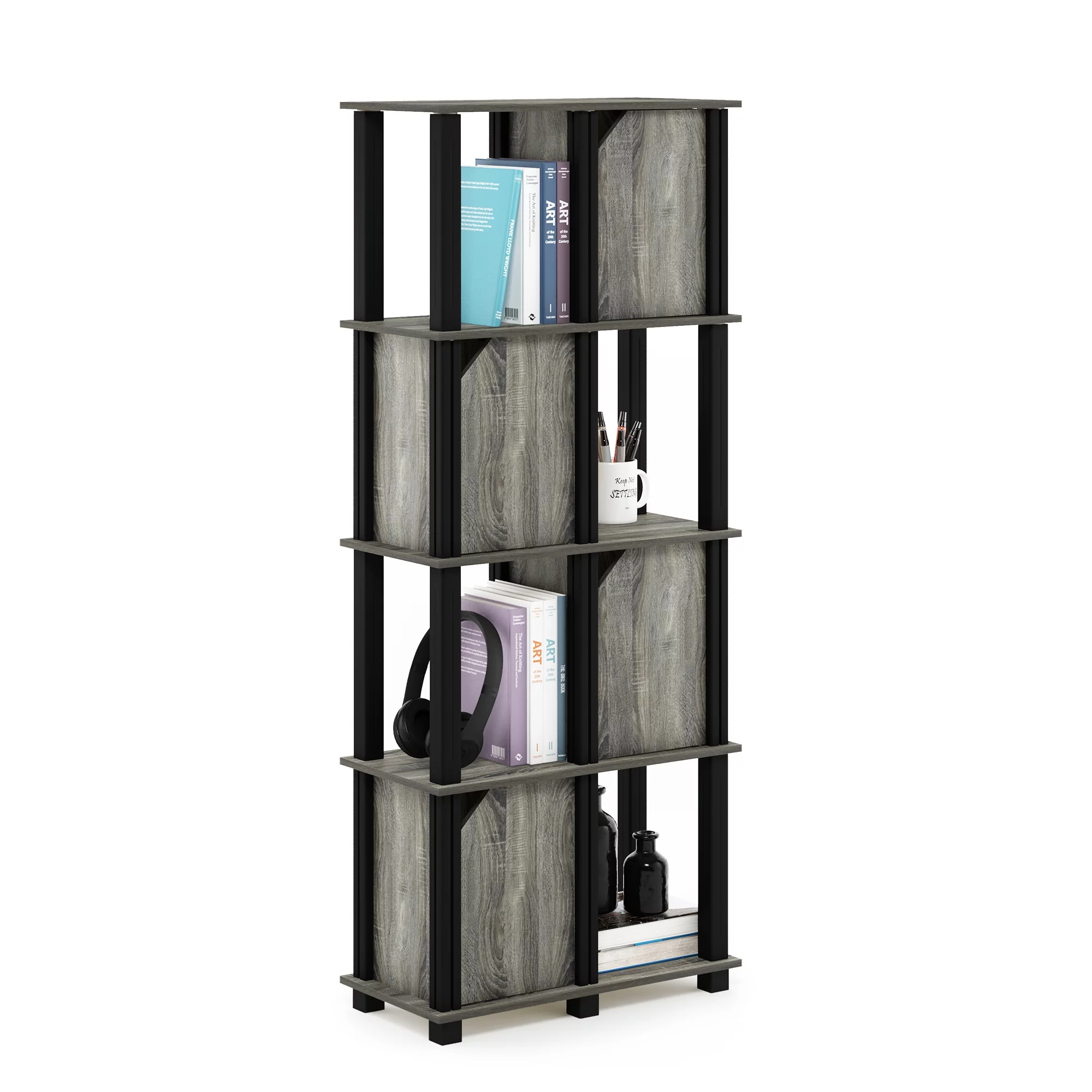 Furinno Brahms 5-Tier Storage Shelf with 4 Doors, French Oak Grey/Black