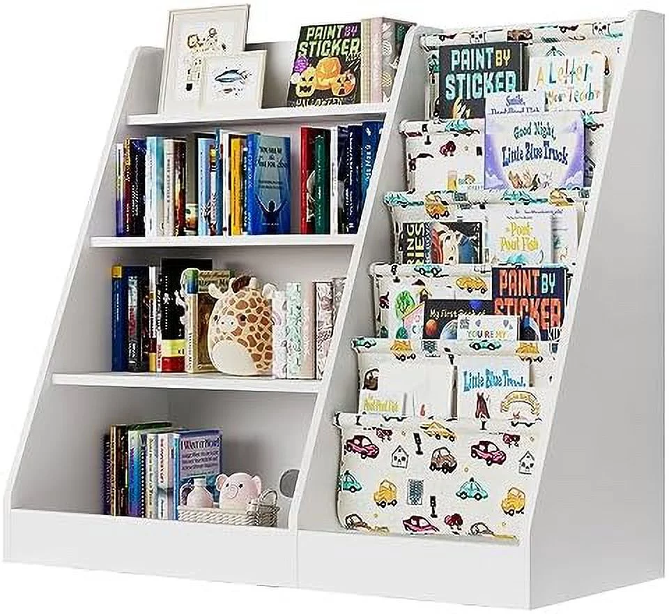 SJOPKMN White 4 Tier  Wooden Bookshelf  Five Layer Sling Bookcase  Baby  Book Rack  Book and Toy Organizer Cabinet  Book Display  for Playroom  Bedroom  Toddler Room  Nursery Classroom
