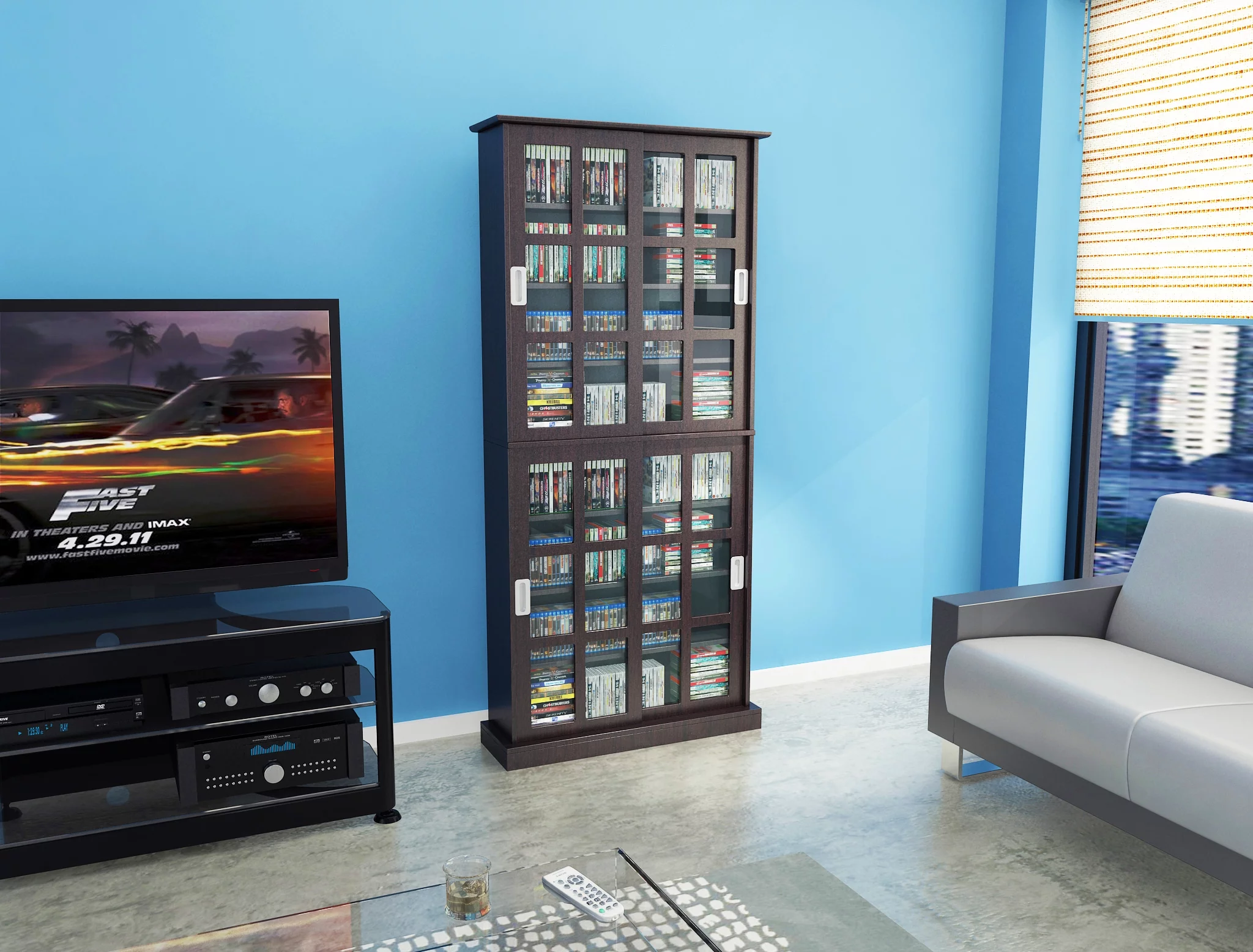 Espresso Multimedia Cabinet with Sliding Glass Doors and Adjustable Shelves