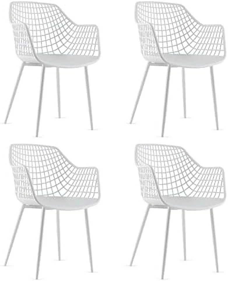 TJUNBOLIFE Modern Dining Chairs Set of 4 - White Arm Chair with 15" High Backrest  Powder-Coated Metal Legs  Anti-Slip Foot Pads  Max Load 265 lbs  Kitchen Dining Room