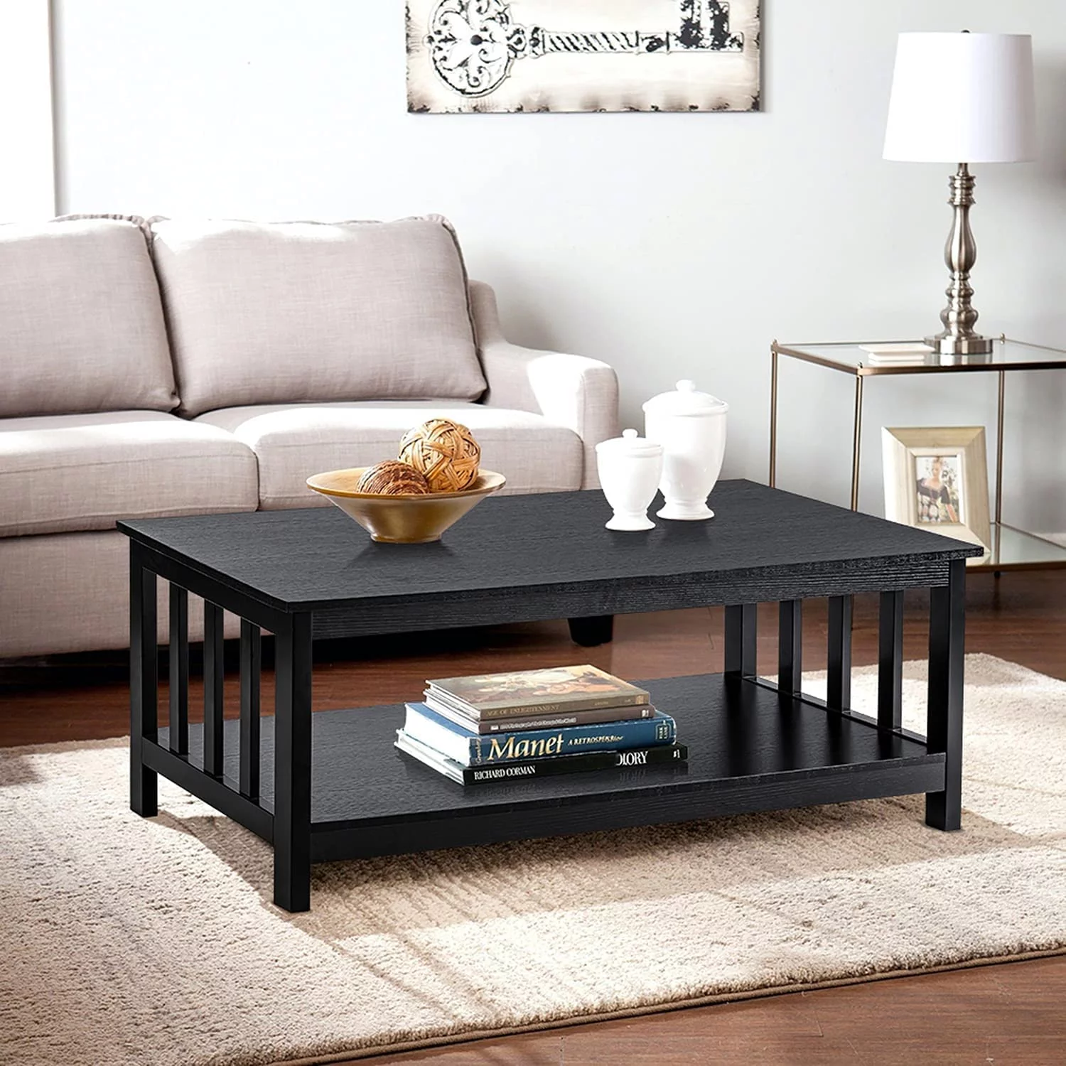 ChooChoo Black Coffee Table, Modern Living Room Table with Shelf Medium Density Fiberboard, 40 Inch