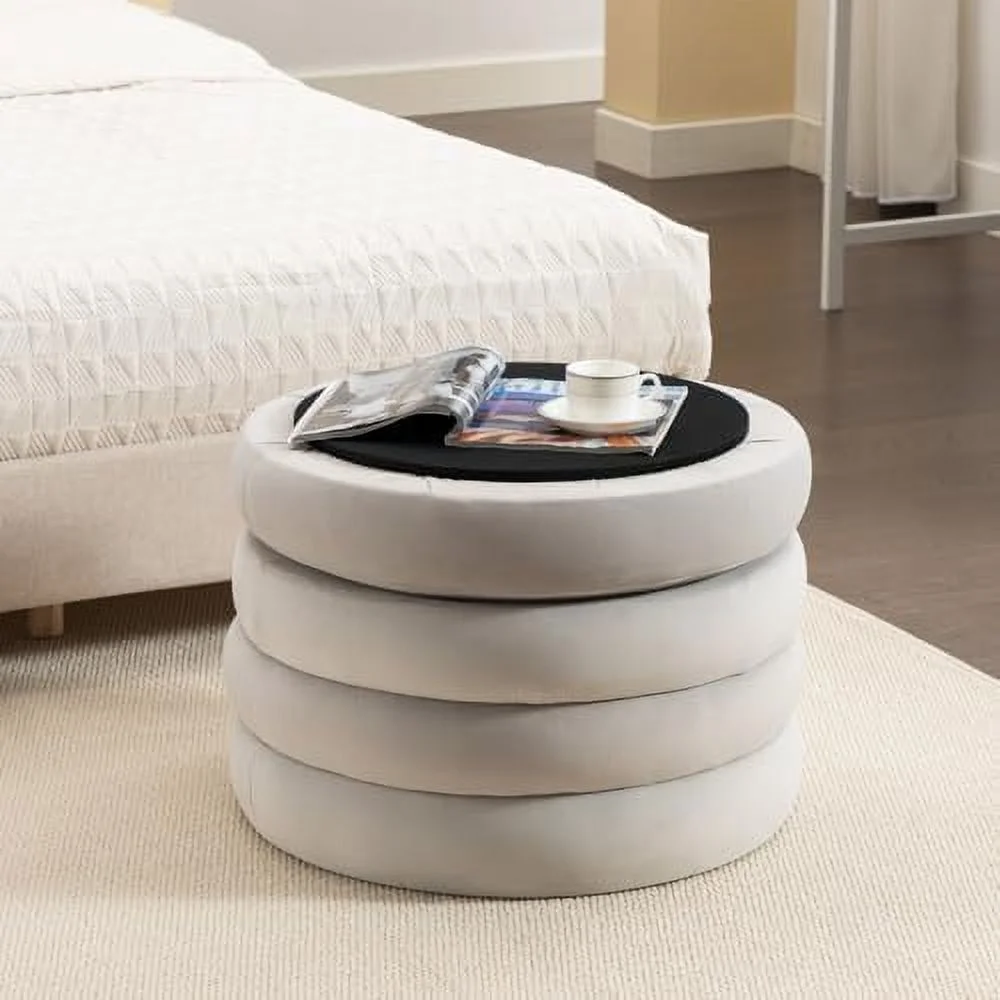 FDSHOIYN 24.5" Wide Boucle Round  Ottoman Footstool  Soft Vanity  Stool with Pie-Layered Design  Black Upholstered Footrest for Living Room and Bedroom