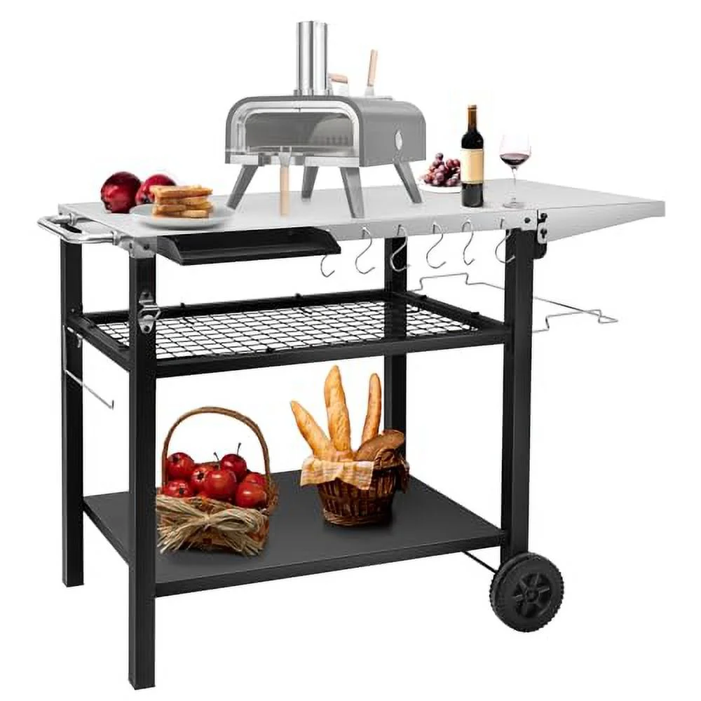 EDOSTORY Outdoor Grill Cart Table Pizza Oven Stand, Three-Shelf Stainless Steel Food Prep Table Patio BBQ Grill Table Bar Cart Kitchen Island with Wheels