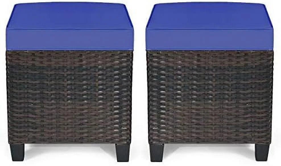 JDZHAPPYLIFE 2 Pieces Patio   Outdoor Footstool Footrest Seat  All Weather Rattan Patio Ottoman Set w/Removable Cushions (Turquoise)