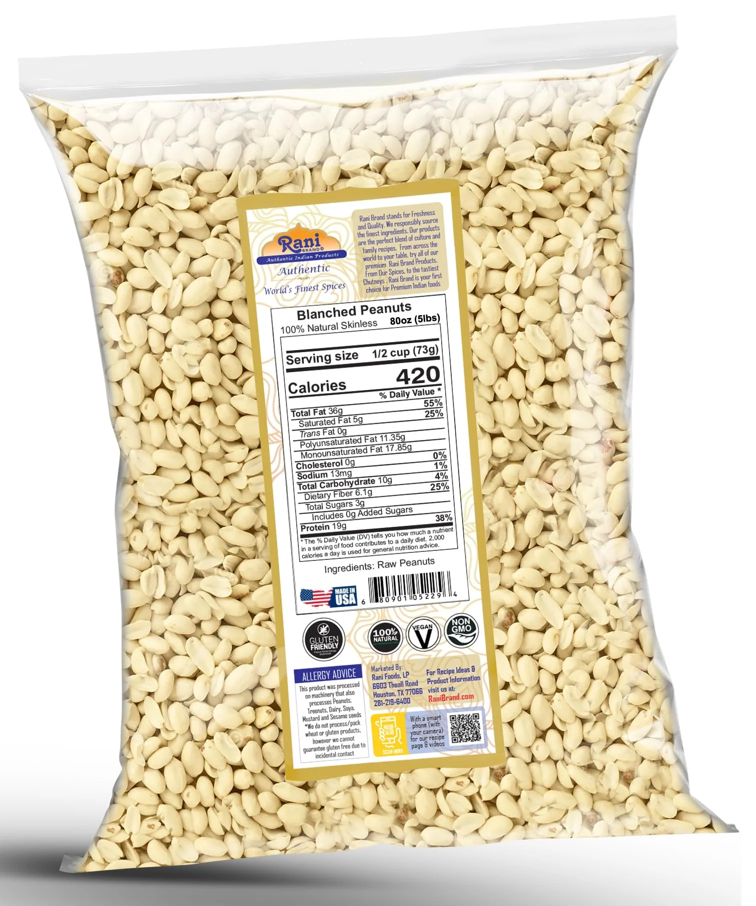 Rani Peanuts Skinless (Blanched, Uncooked) 80oz (5lbs) 2.27kg Bulk ~ All Natural | Vegan | Gluten Friendly | Kosher | Fresh Product of USA ~ Spanish Grade Groundnuts