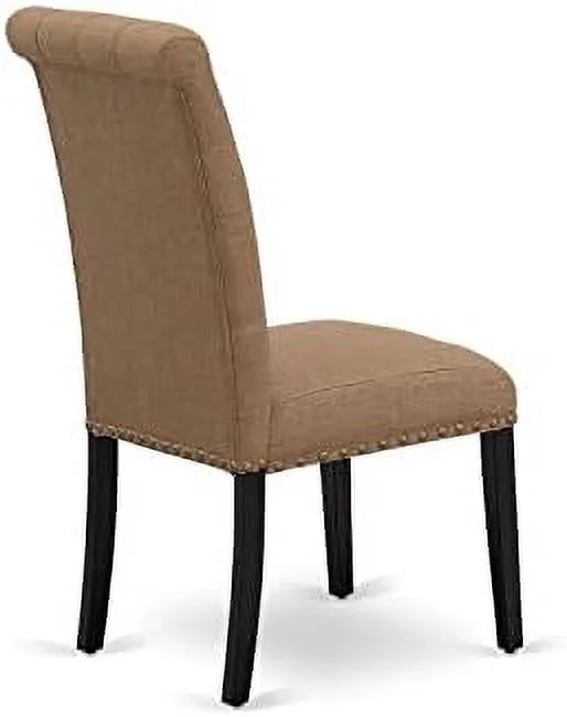 BRP1T17 Parson Dining Room Button Tufted Nailhead Trim Light Sable Linen Fabric Padded Chairs, Set Of 2, Black