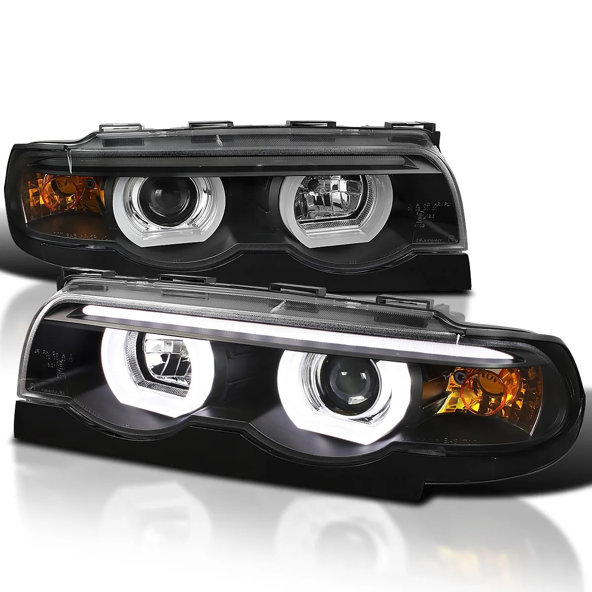 Spec-D Tuning Black Housing Dual Halo LED Projector Headlights Compatible with 1995-2001 BMW E38 7-Series Left + Right Pair Headlamps Assembly