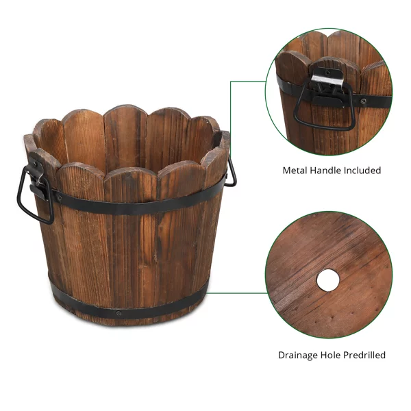 3 Pcs Rustic Wooden Barrels Planters Whiskey Barrels Bucket with Handle Flower Planter Plant Pots Boxes Container Water Wishing Well Pail Garden Backyard Primitive Planter Outdoor Indoor Home Decor