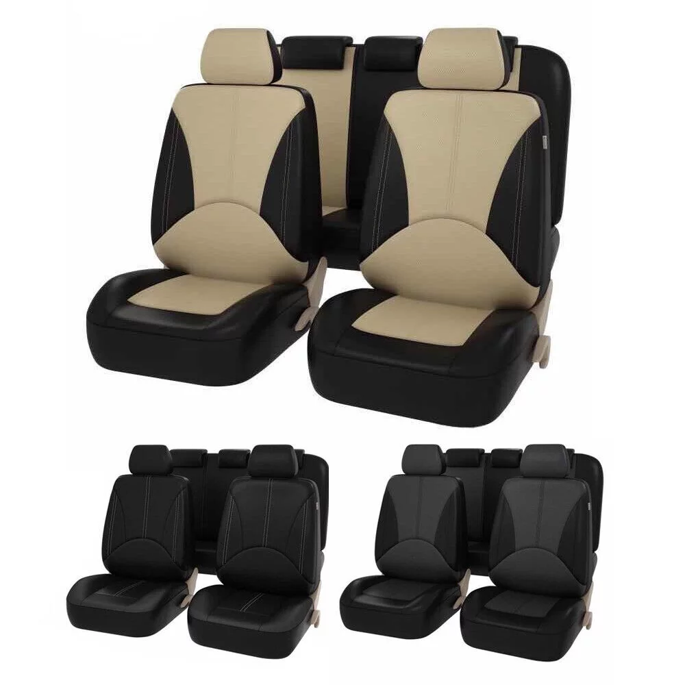 JahyElec Car Seat Covers 9Pcs/5 Seat Waterproof PU Leather Auto Seat Protectors Set, Universal Car Interiors Fit for Most Sedans SUV Pick-up Truck(Beige)
