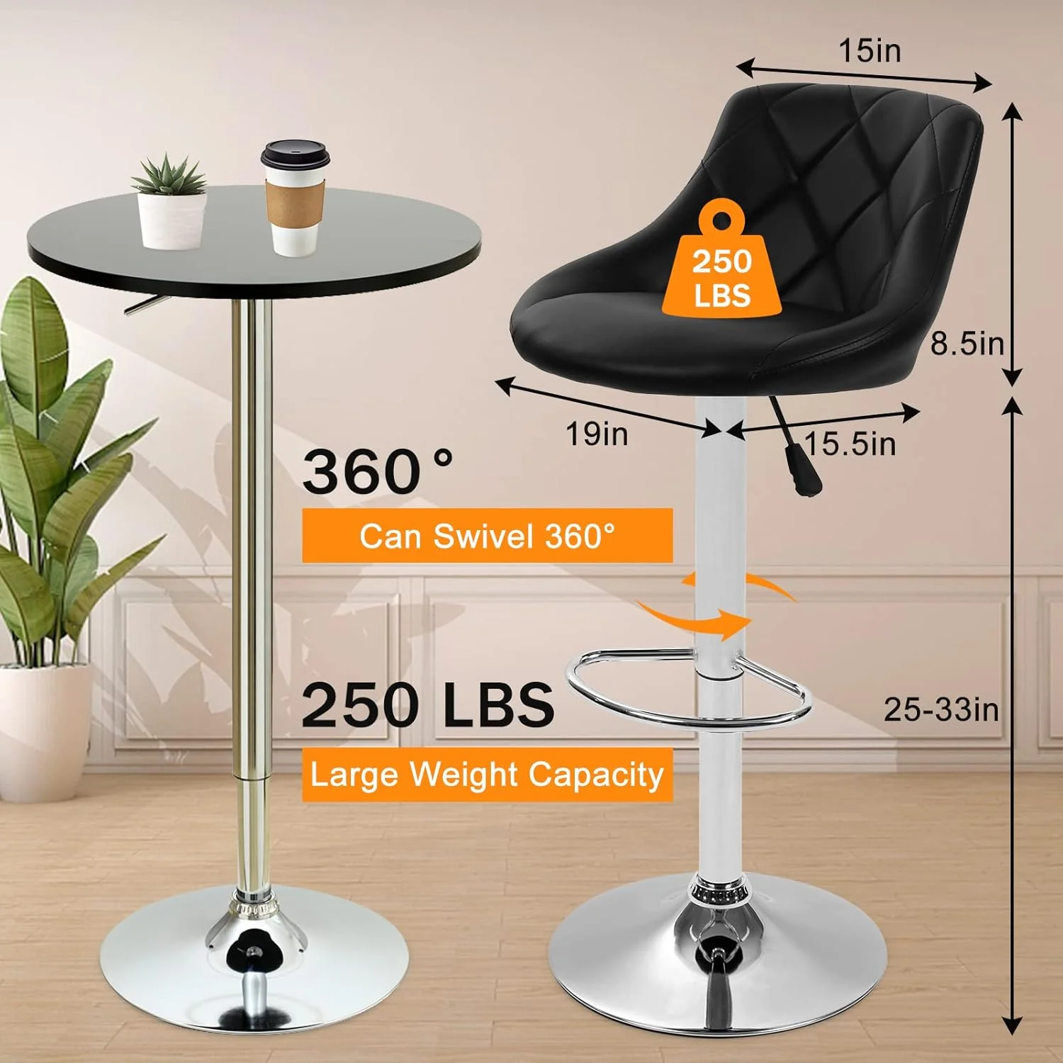 Modern Bar Stools Set of 2 Counter Height Adjustable Bar Chairs with Back and Chrome Base PU Leather Barstools Island Chairs for Kitchen Living Room Pub Swivel Bar Stools (Black)