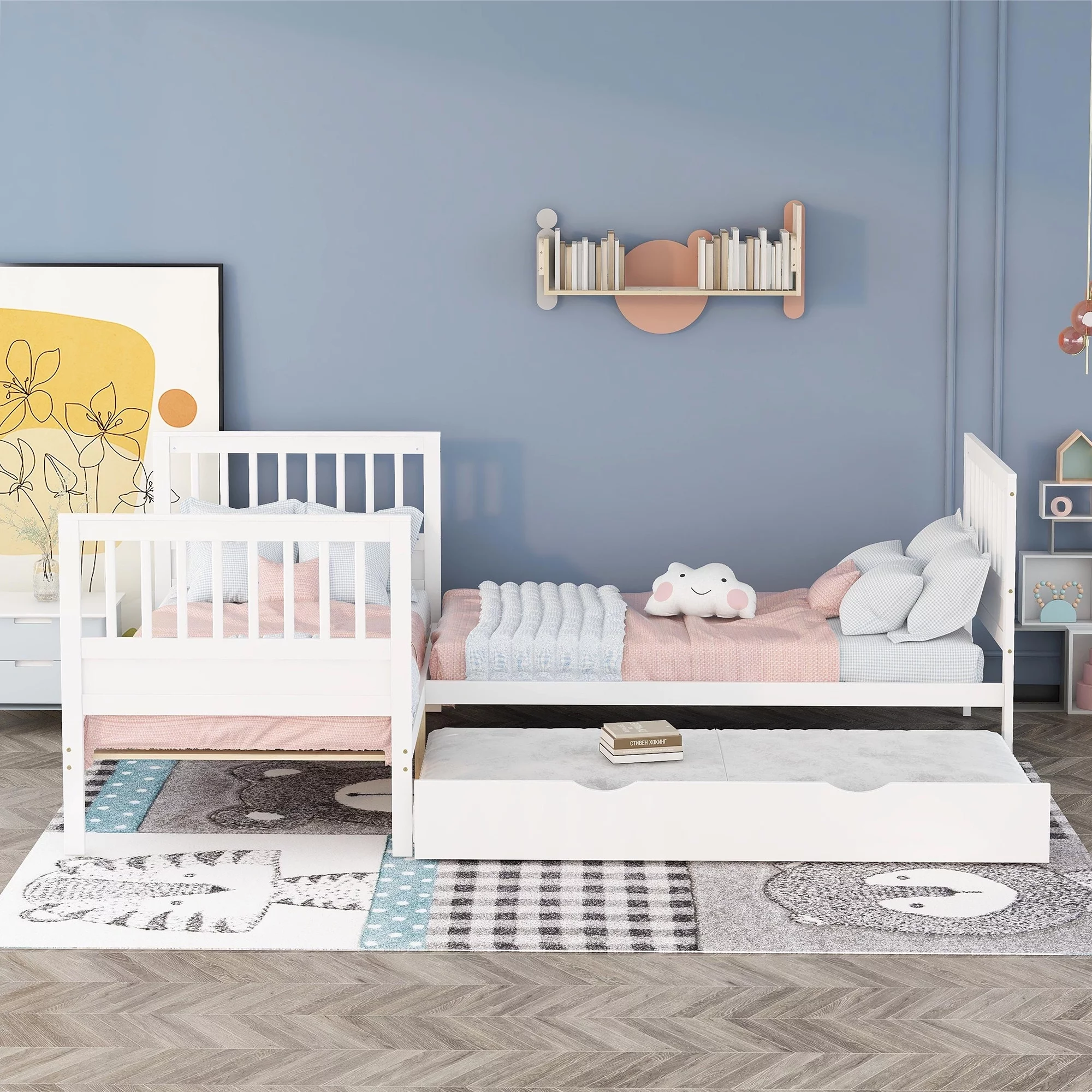 Twin Size L-Shaped Platform Bed with Trundle for Kids, White