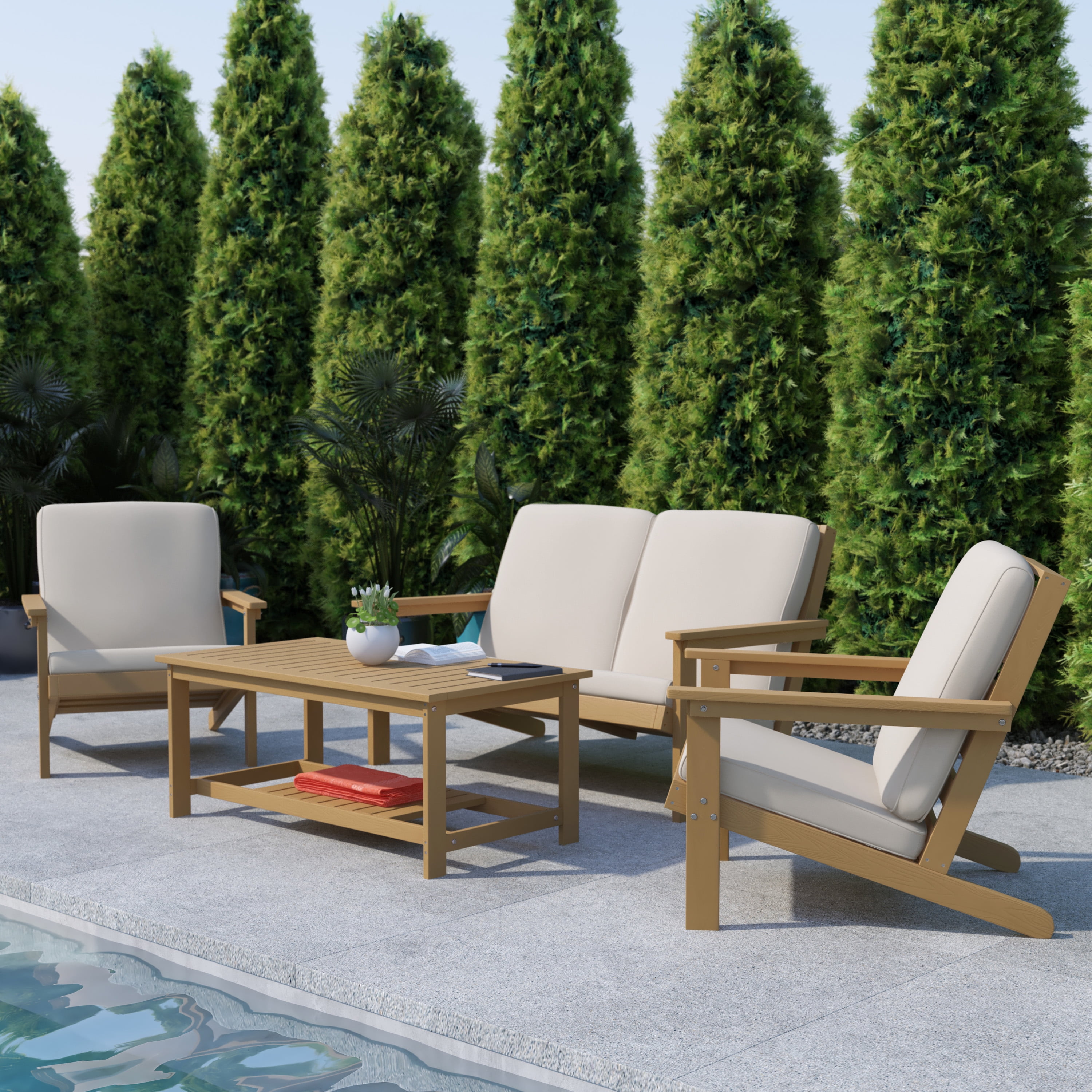 BizChair All-Weather Poly Resin Wood Two Tiered Commercial Grade Adirondack Slatted Coffee Conversation Table in Natural Cedar