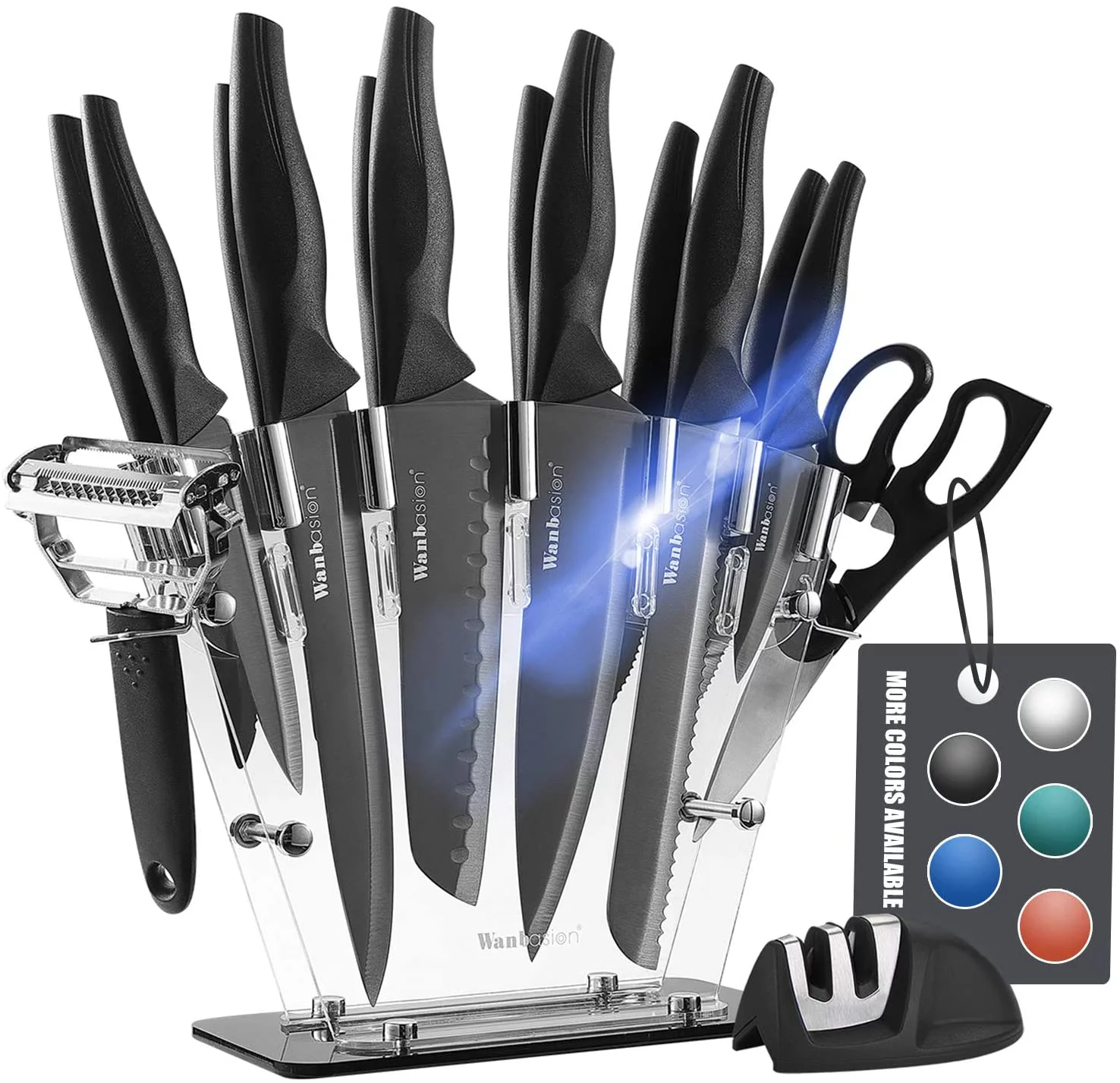 Wanbasion 16 Pieces Black Kitchen Knife Set Dishwasher Safe, Professional Chef Kitchen Knife Set, Kitchen Knife Set Stainless Steel with Knife Sharpener Peeler Scissors Acrylic Block