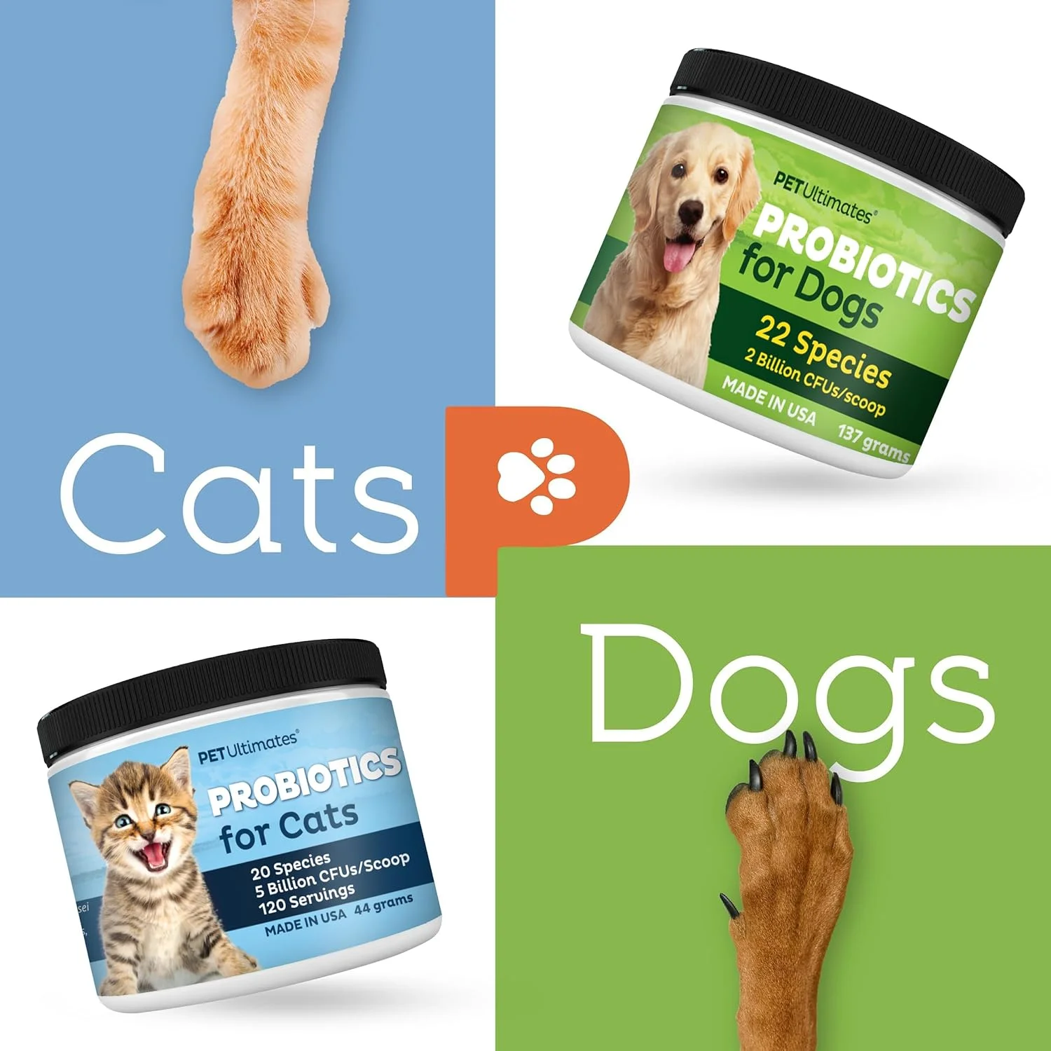 Pet Ultimates - Probiotic Supplements Powder for Canine & Feline Health, Dogs & Cats Digestive Health and Enzymes Combo Pack - 137g & 44g