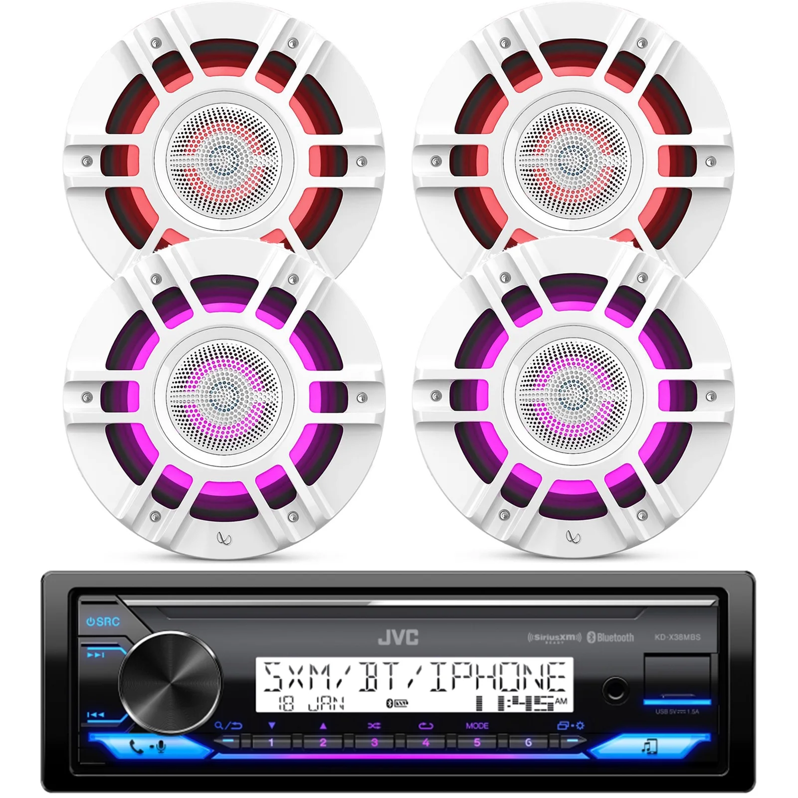 JVC KD-X38MBS Single DIN Marine MotorSports Bluetooth USB AUX LED AM/FM Radio Stereo Receiver, 4x 8