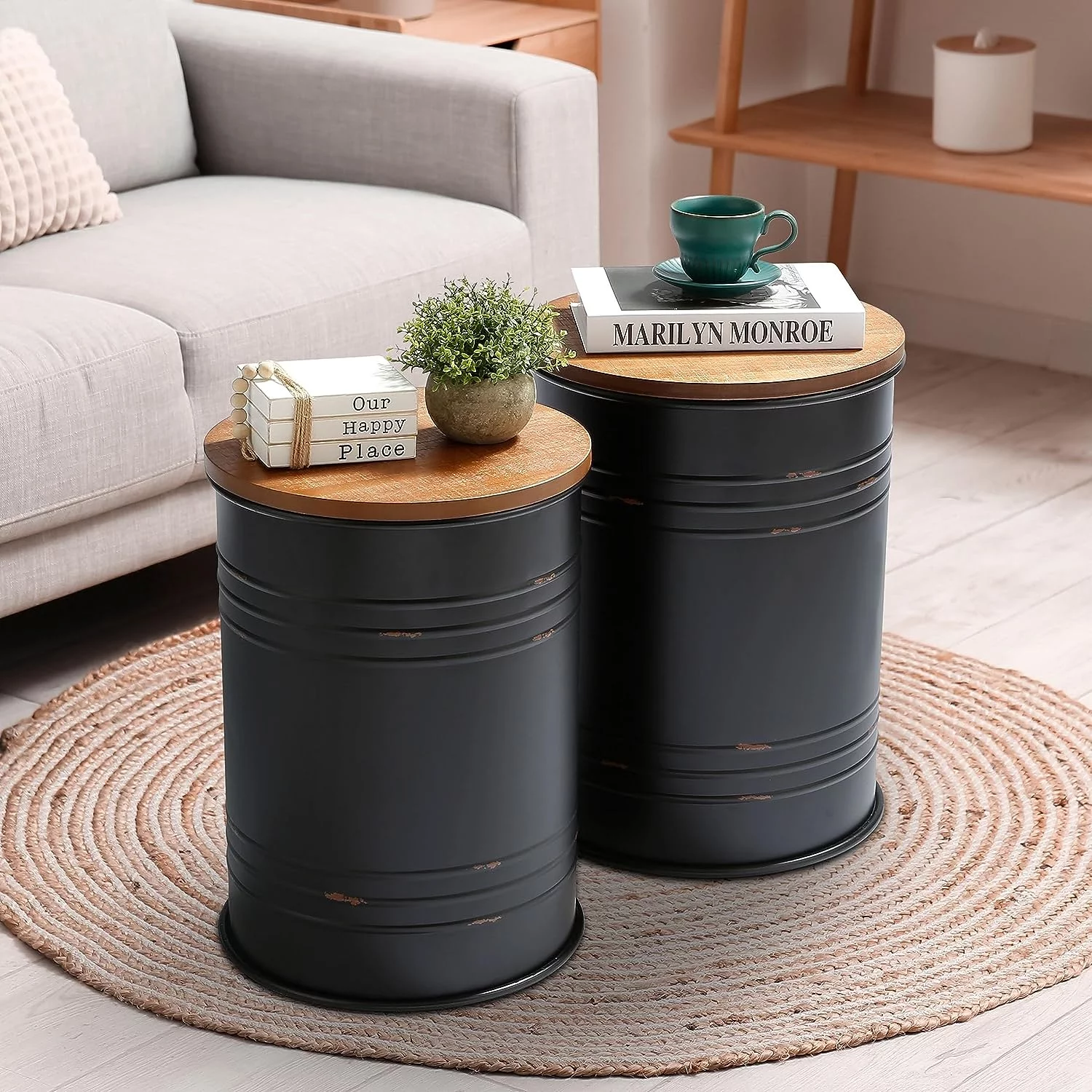 PERFNIQUE Farmhouse Storage End Table, Set of 2 Black Galvanized Rustic Ottoman Seat Stool, Outdoor Patio Storage Table with Round Wooden Lid, Nesting Side Tables Living Room (Black)