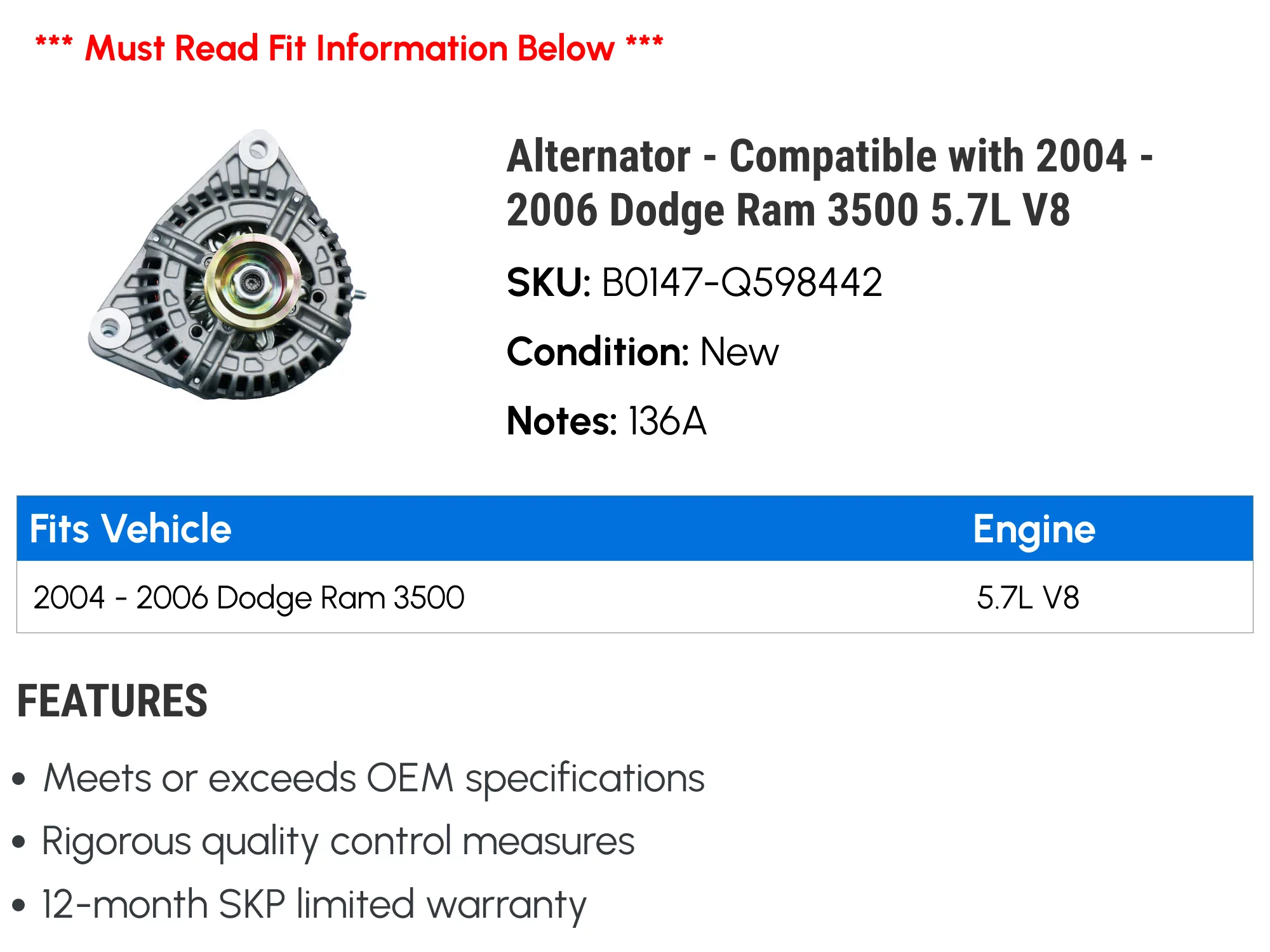 Alternator - Compatible with 2004 - 2006 Dodge Ram 3500 5.7L V8 2005