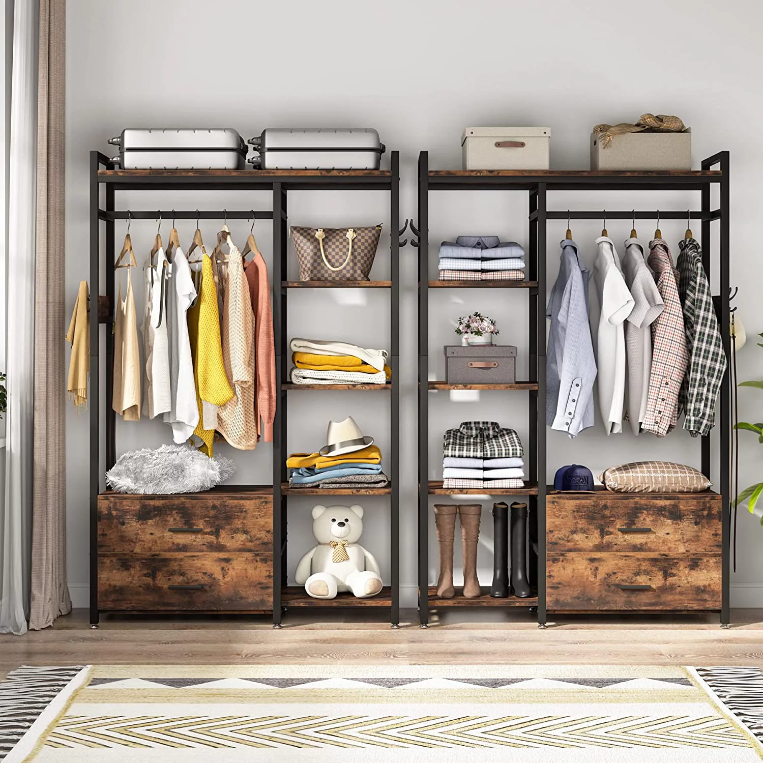 Clothes Rack, Heavy Duty Garment Rack for Hanging Clothes, 2 Fabric Drawers, Rustic Brown