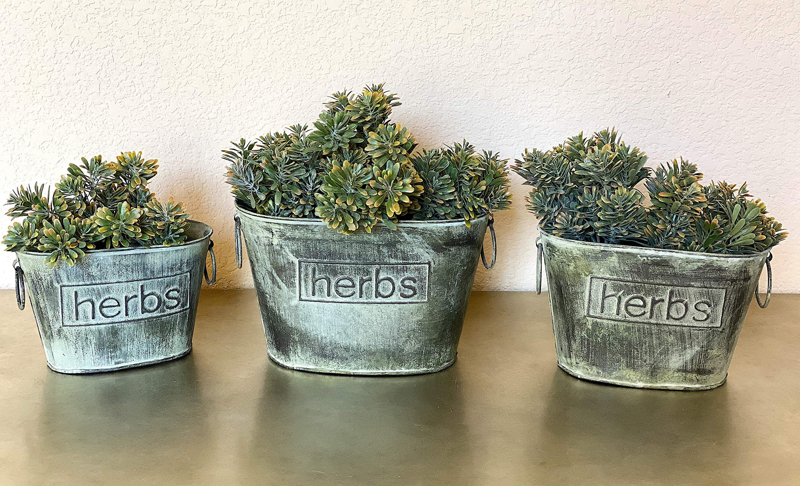 3 Metal Buckets Herbs Planters W Handles Decorative Storage Container Distressed Tarnished Silver Rustic Indoor Outdoor