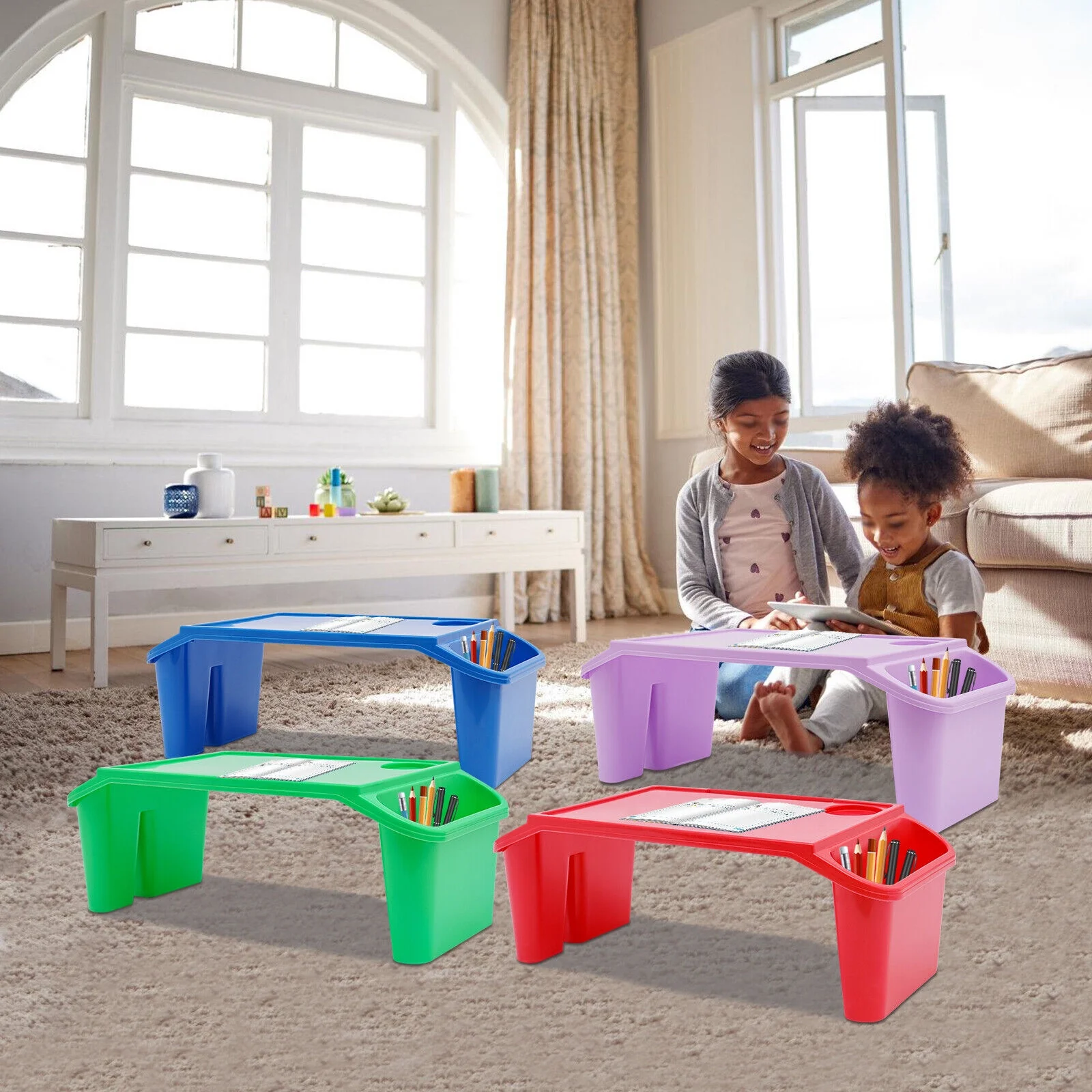 4Pcs Kids Lap Desk Tray Plastic Breakfast Trays with Side Pockets Portable Lap Bed Table