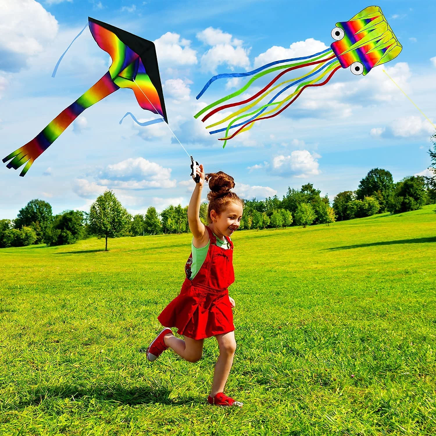 Kites to Fly Outside for Kids and Adults, 4M Large Octopus Kite and Rainbow Delta Kite -2 Pack