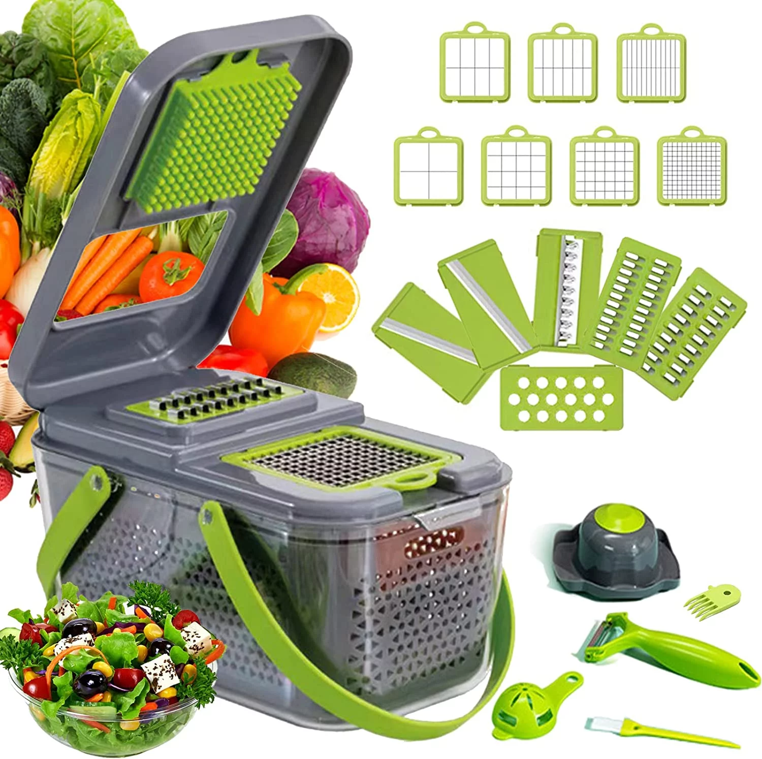 Baodeli Vegetable Chopper Upgraded 22 in 1 Mandoline Vegetable Slicer Dicer with 13 Stainless Steel Blades Adjustable Slicer Vegetable Cutter with Drain Rack Storage Container Kitchen Gadget