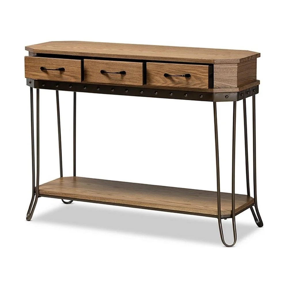 Kellyn Vintage Rustic Industrial Oak Brown Finished Wood and Metal 3-Drawer Console Table?