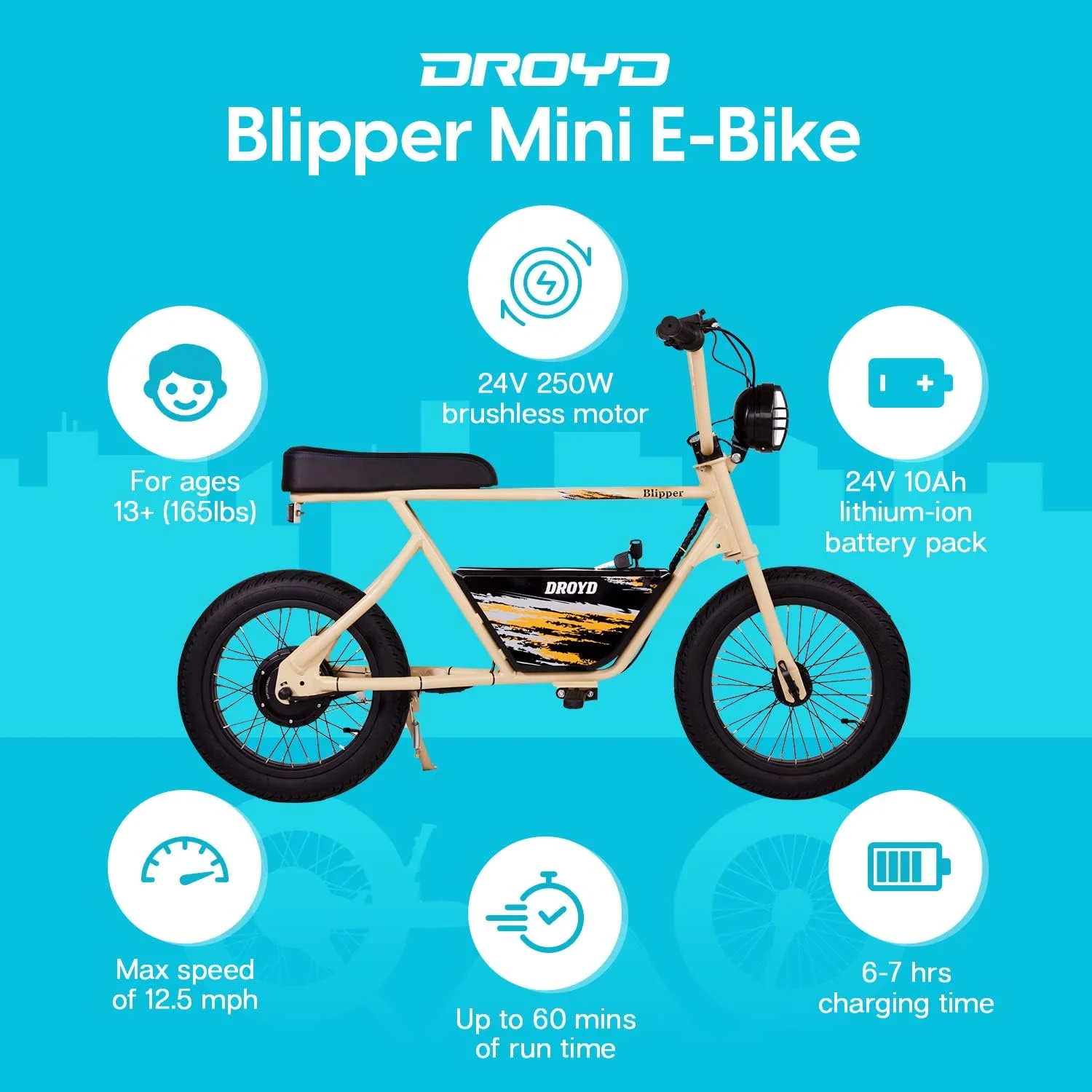 Droyd Blipper Electric Mini Bike - 250W Electric Bike for Kids Ages 13 & Up, 12.5 MPH, 12.5 Mile Range, 24V 10Ah Battery- White