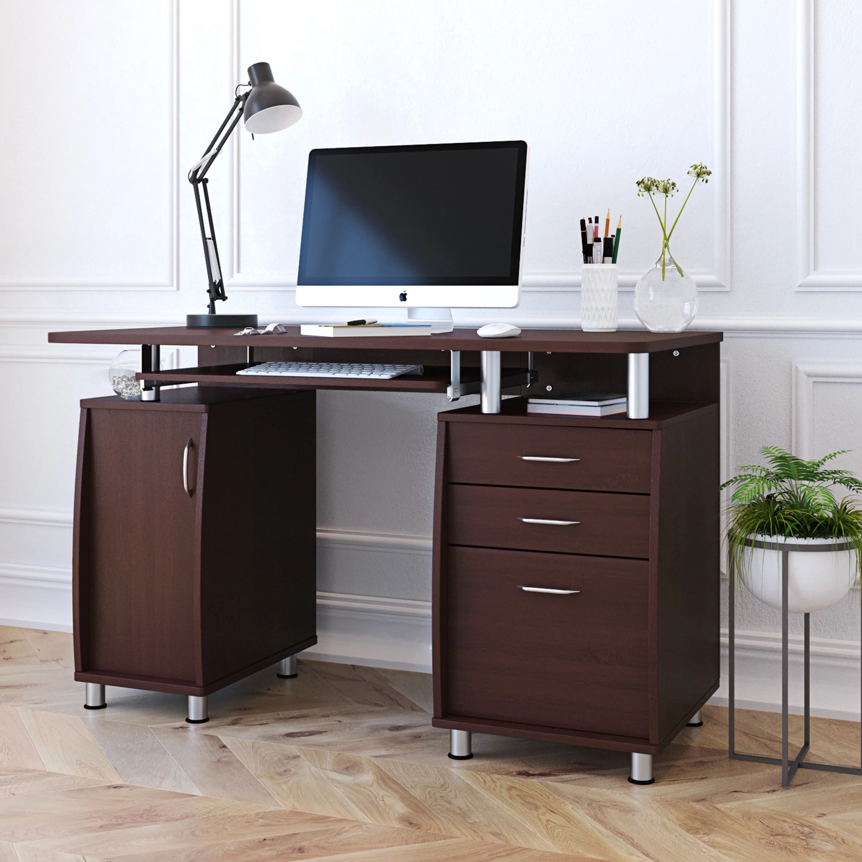 Dcenta Complete Workstation Computer Desk with Storage, Chocolate