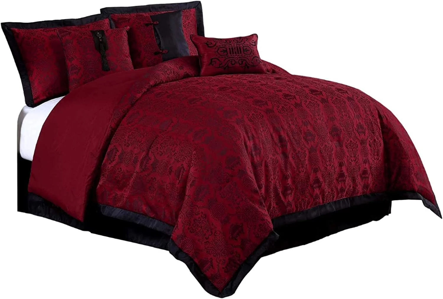 Noble 7-Piece Oriental Red Black Jacquard Comforter Set, King Size