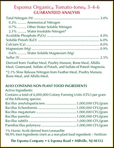 Espoma Organic Tomato-Tone 3-4-6 with 8% Calcium. Organic Fertilizer for All Types of Tomatoes and Vegetables. Promotes Flower and Fruit Production. 4 lb. Bag - Pack of 2
