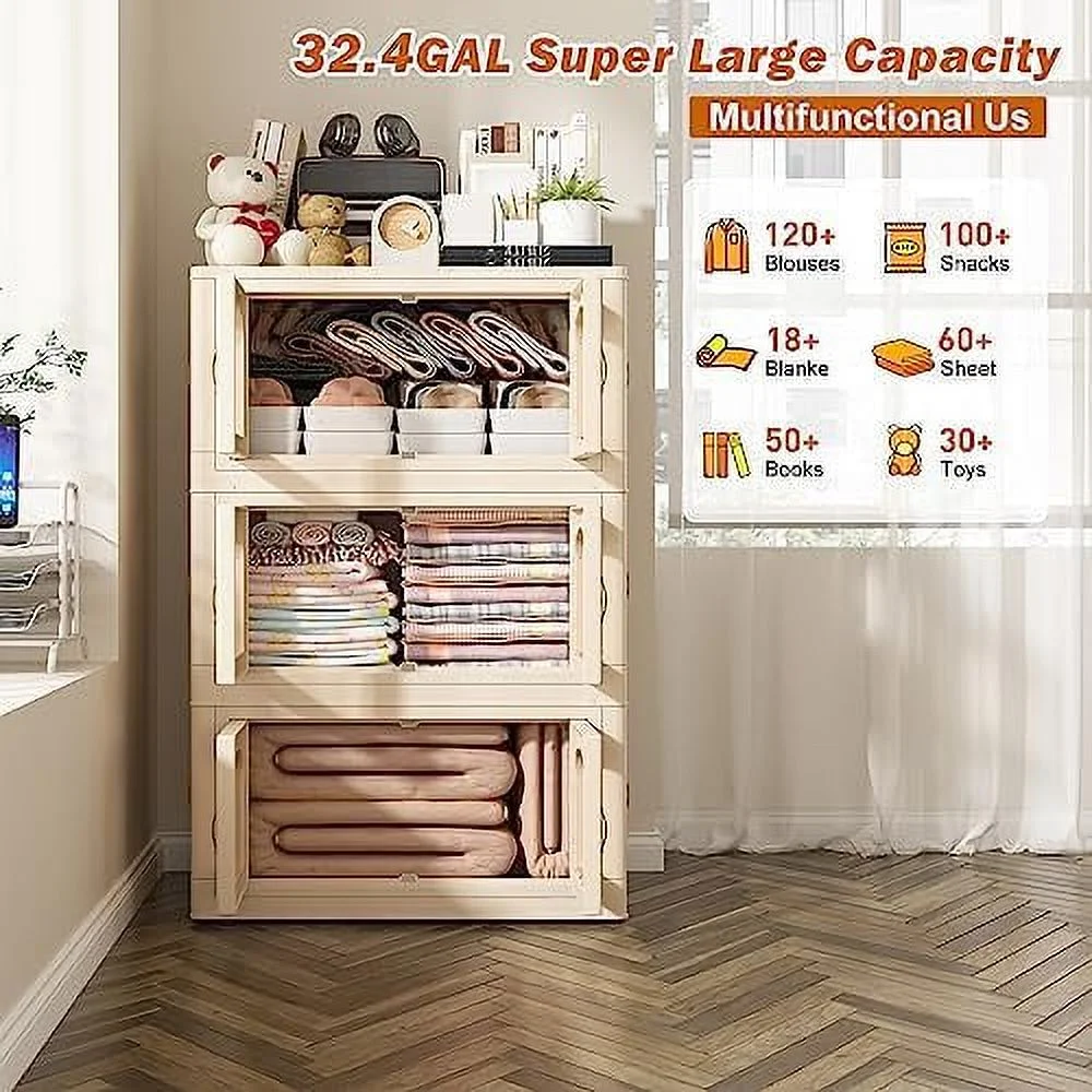 ZFGSUIJN 75 GAL Stackable  Bins with Lids for Closet Organizers Collapsible  Bins with Door and Wheels Trunk Car Folding  Containers Box for Bedroom Kitchen Office Toy Plastic 3PC