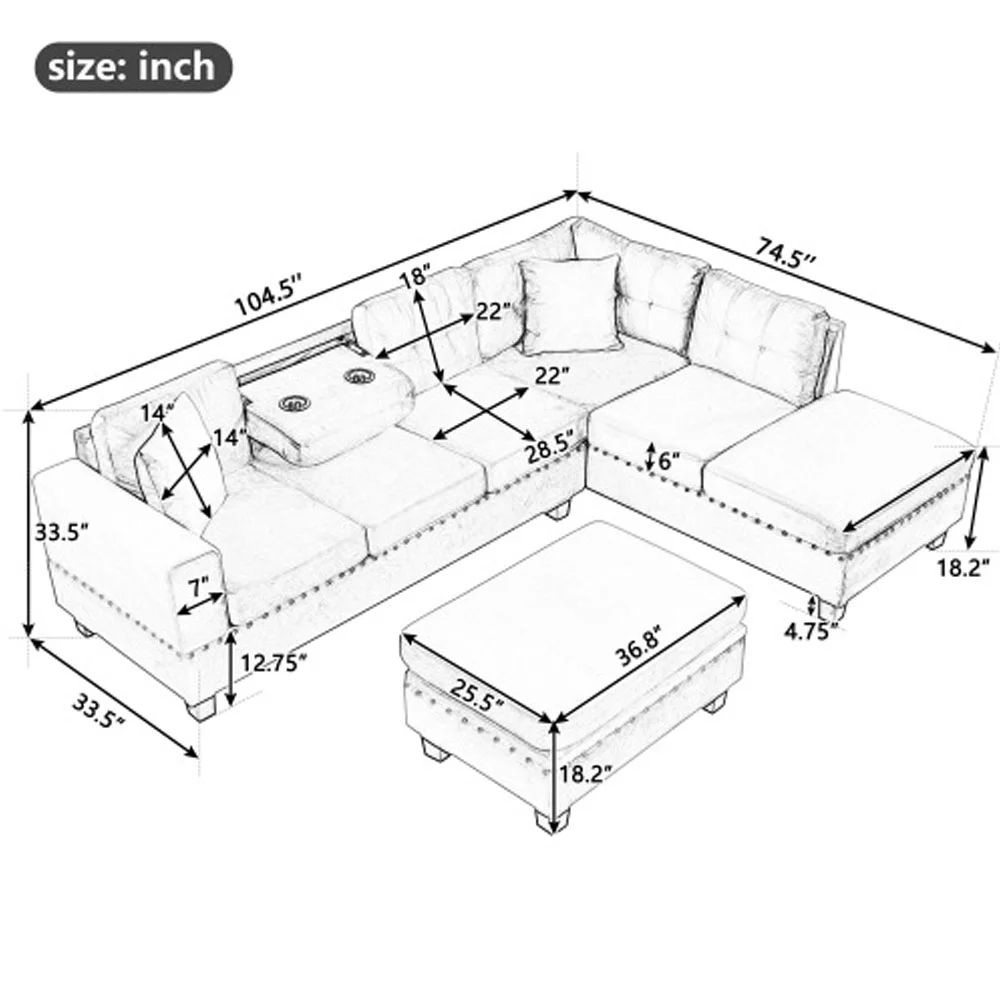 Sectional Sofa with Storage Ottoman, L-Shape Couch with 2 Pillows and Cup Holder,Sectional Sofa with Reversible Chaise - Light Gray
