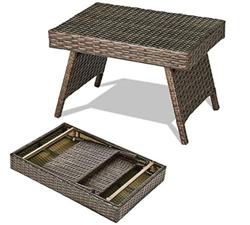 HAPPYGRILL Patio Side Table Rattan Wicker Coffee Table with Steel Frame Outdoor Foldable Portable Side Table for Garden Lawn Poolside