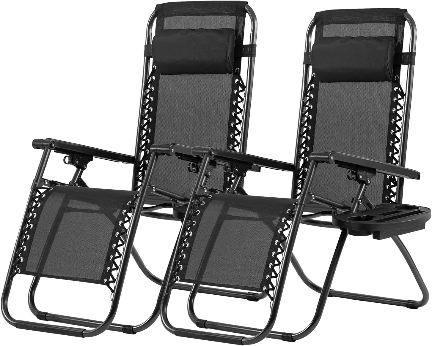 Lounge Chair Set of 2 Adjustable Zero Gravity Chair Beach Chair Folding Lawn Patio Chair with Removable Pillow and Cup Holder for Poolside Backyard Lawn Beach,Black