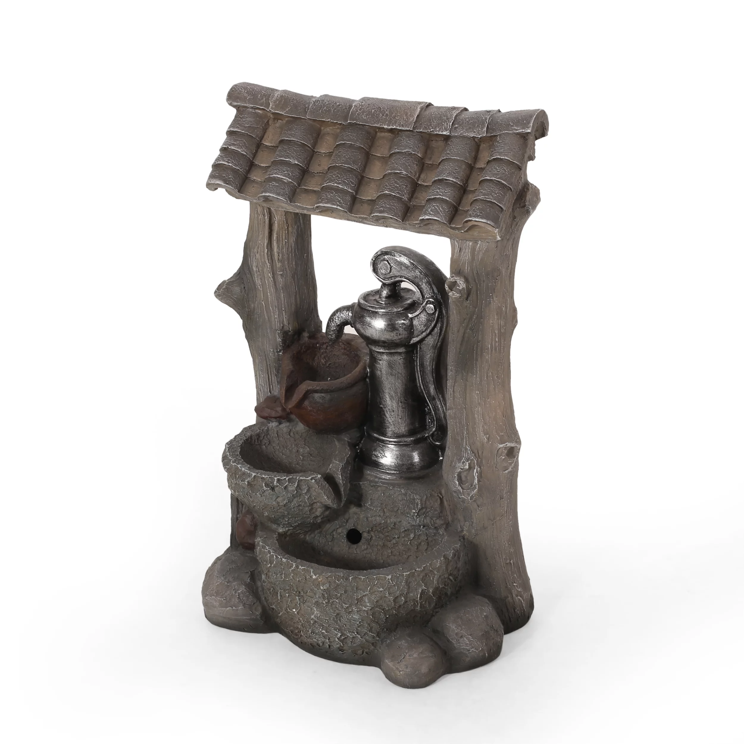 Noble House Orville Outdoor 3-Tier Water Pump Fountain, Brown and Gray