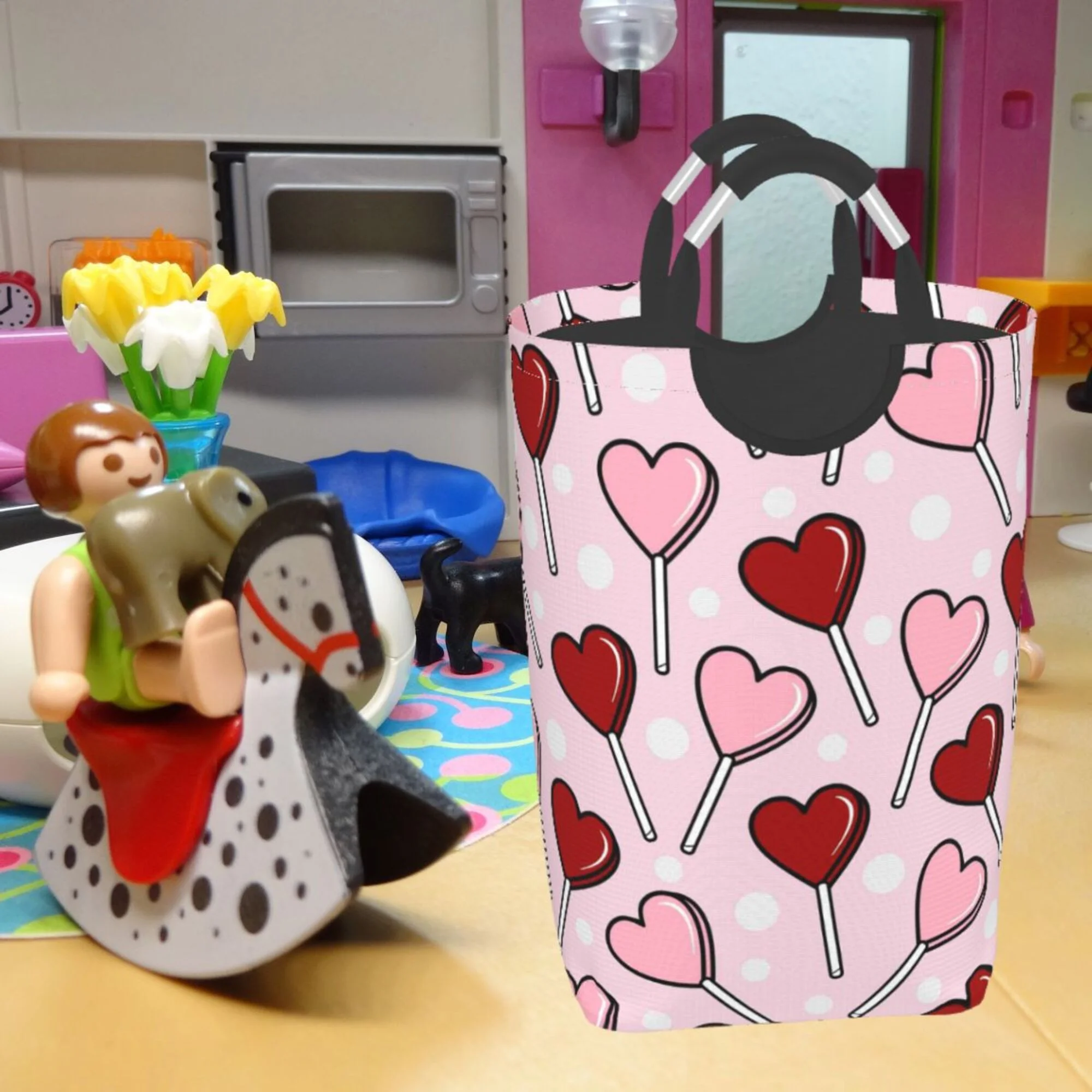 TEQUAN 50L Large Rectangular Laundry Hamper with Aluminum Handles, Red Pink lollipop Hearts Prints Waterproof Foldable Dirty Clothes Basket