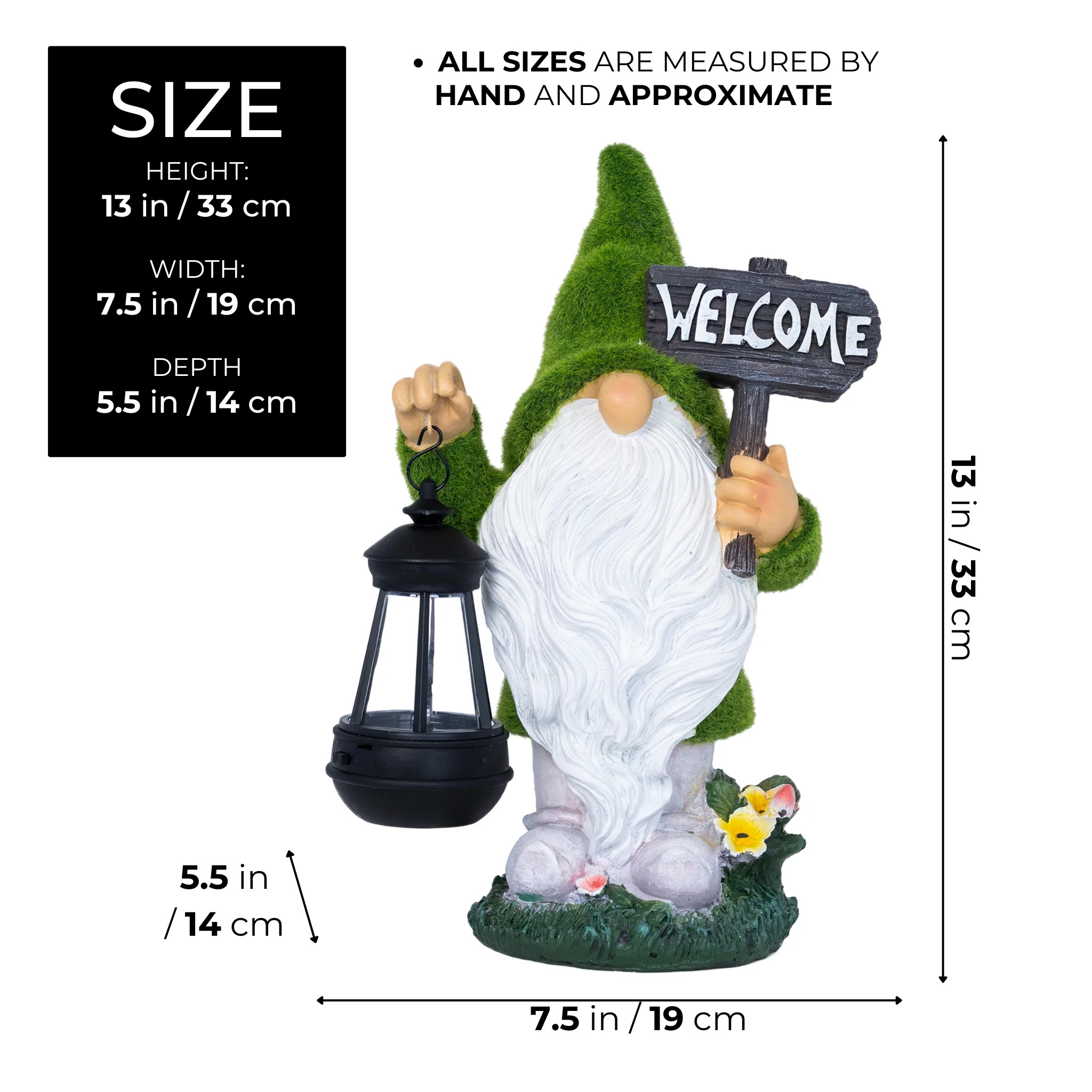 Welcome Gnome with Solar Powered Garden Lamp, Green White, Polyresin Lawn Gnome Statue, Patio Statue 13 inch 33 cm