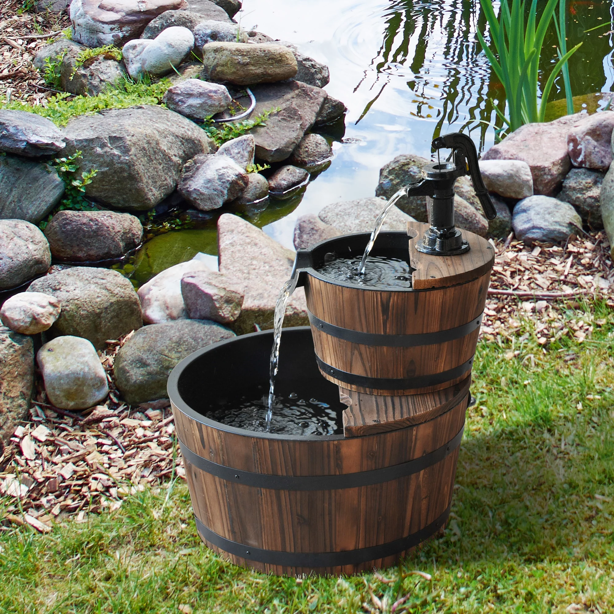 Outsunny 2 Tier Fountain Rustic Wood Barrel Water Fountain with Pump Outdoor Garden Decor