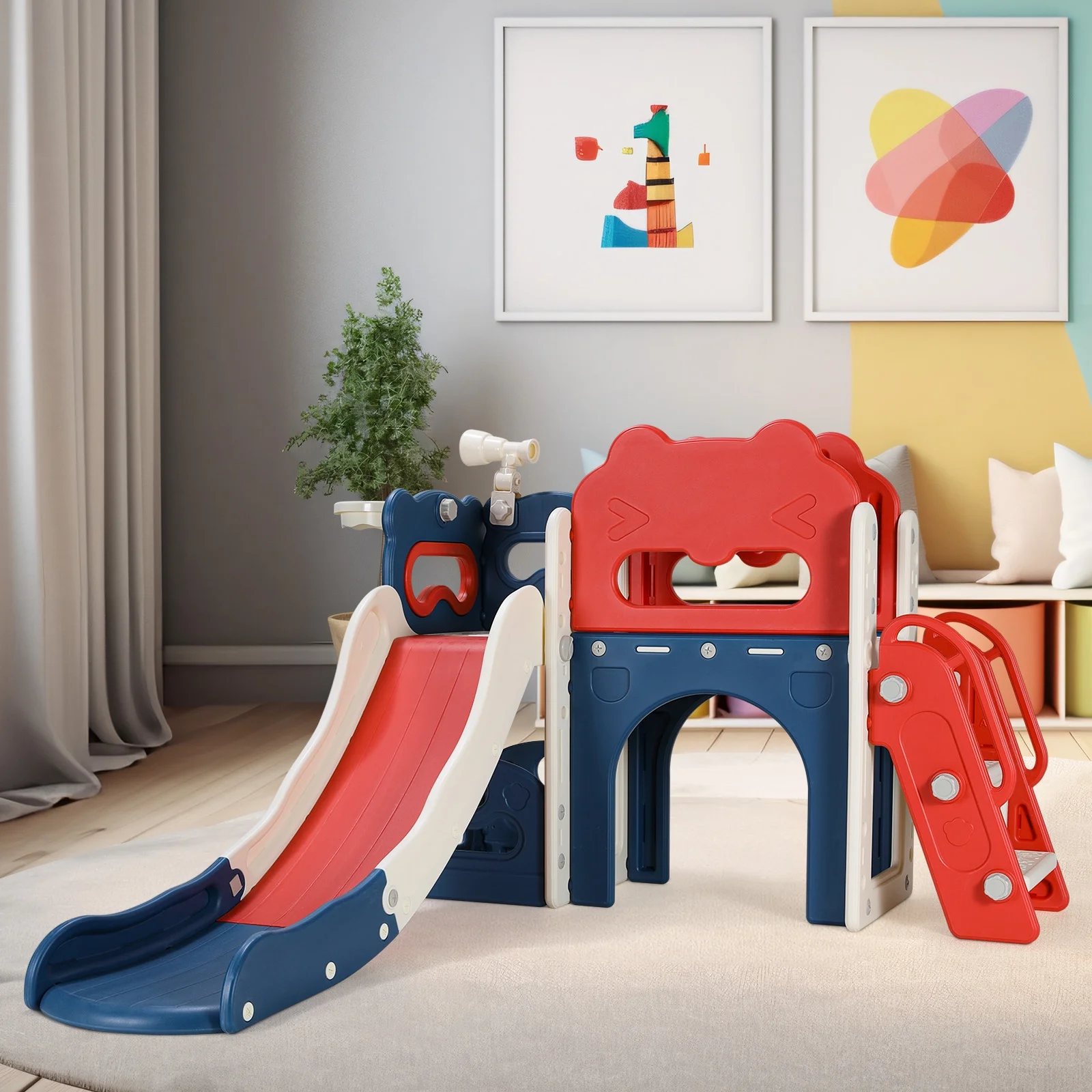 Pirecart 8 in 1 Kids Slide Set, Toddler Climber Slide Play Set With Basketabll Hoop, Tunnel, Telescope and Ball
