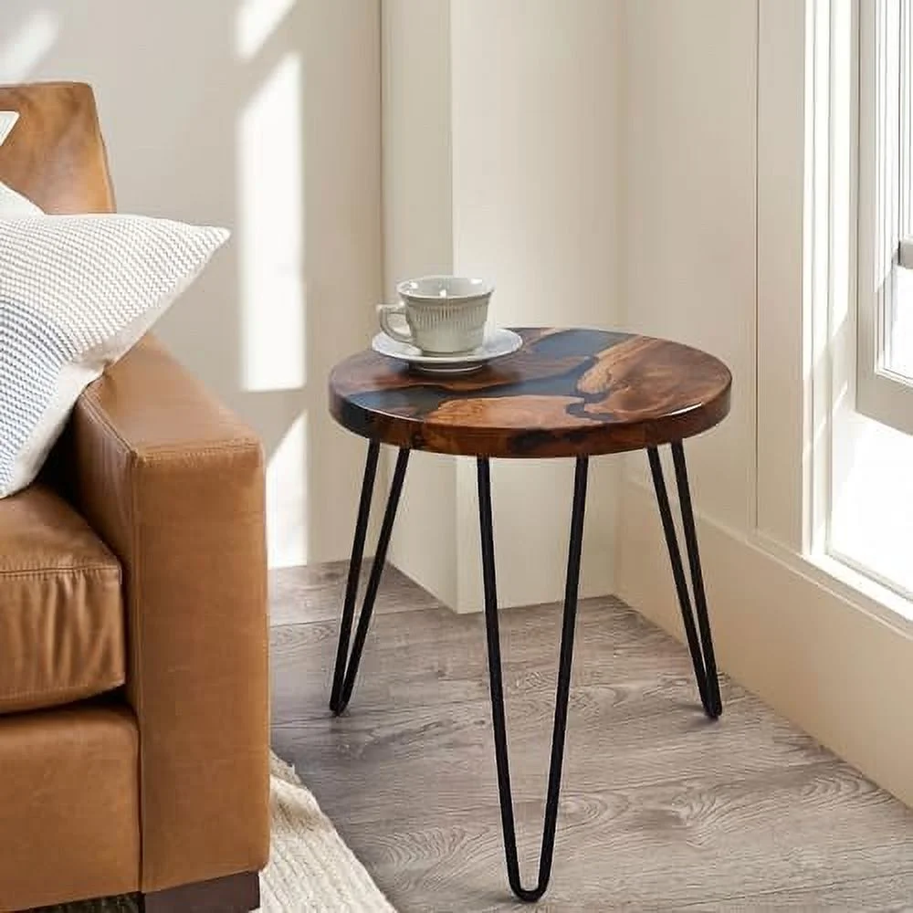 GEROBOOM Wood Resin Round  15.5"x15.5"x20"H Rustic Black Epoxy Wooden Slab Tables Outdoor Natural Solid Handmade End Table for Living Room Patio Bedroom Nightstand Farmhouse