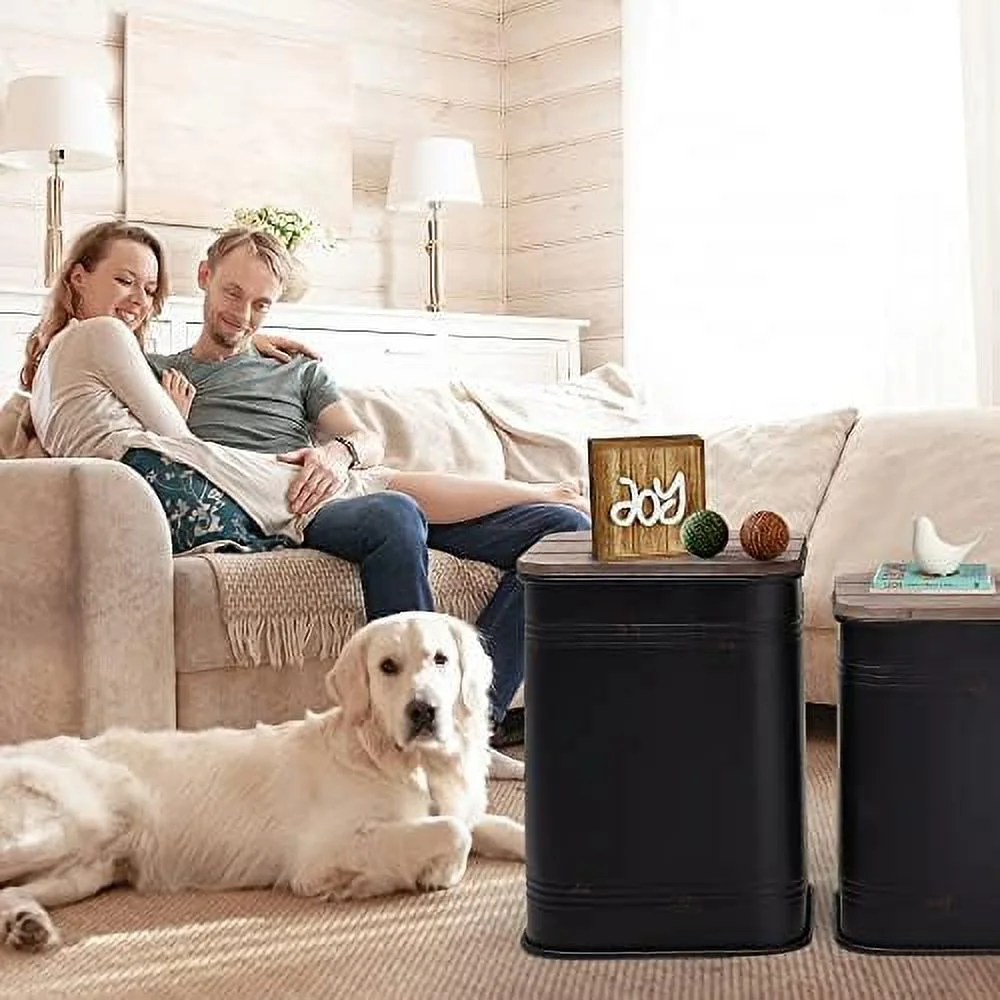 JYHOME Farmhouse Accent   Rustic  Ottoman Seat Stool  Galvanized Antique Metal End Table Box Bin with Round Wood Lid  Coffee or Cocktail Table  Nesting Pieces Two (Pure Galvanized)